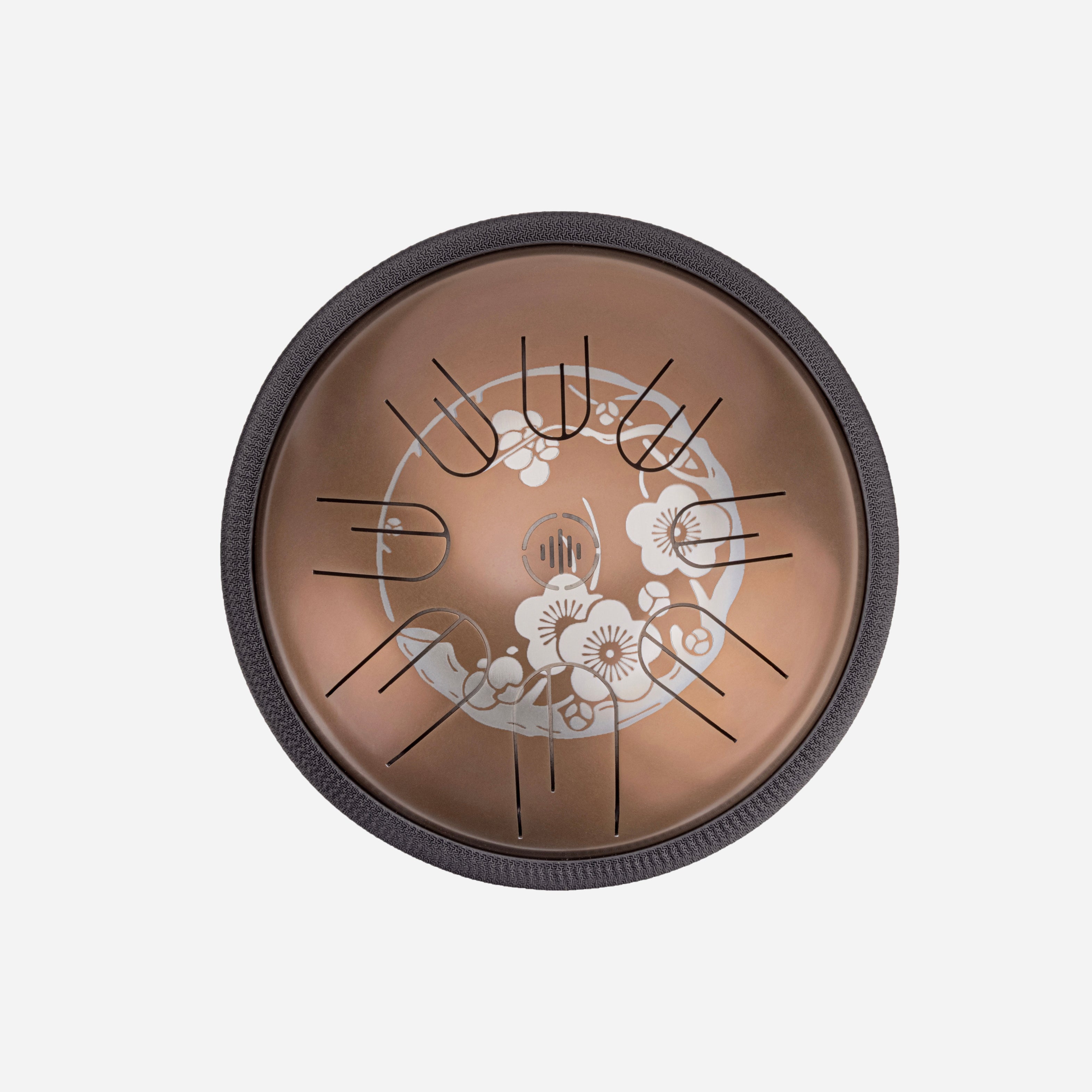 Front view of Novadrum 28 steel tongue drum in stainless steel, with precision-cut tongues arranged symmetrically around a central logo with Sakura engraving.