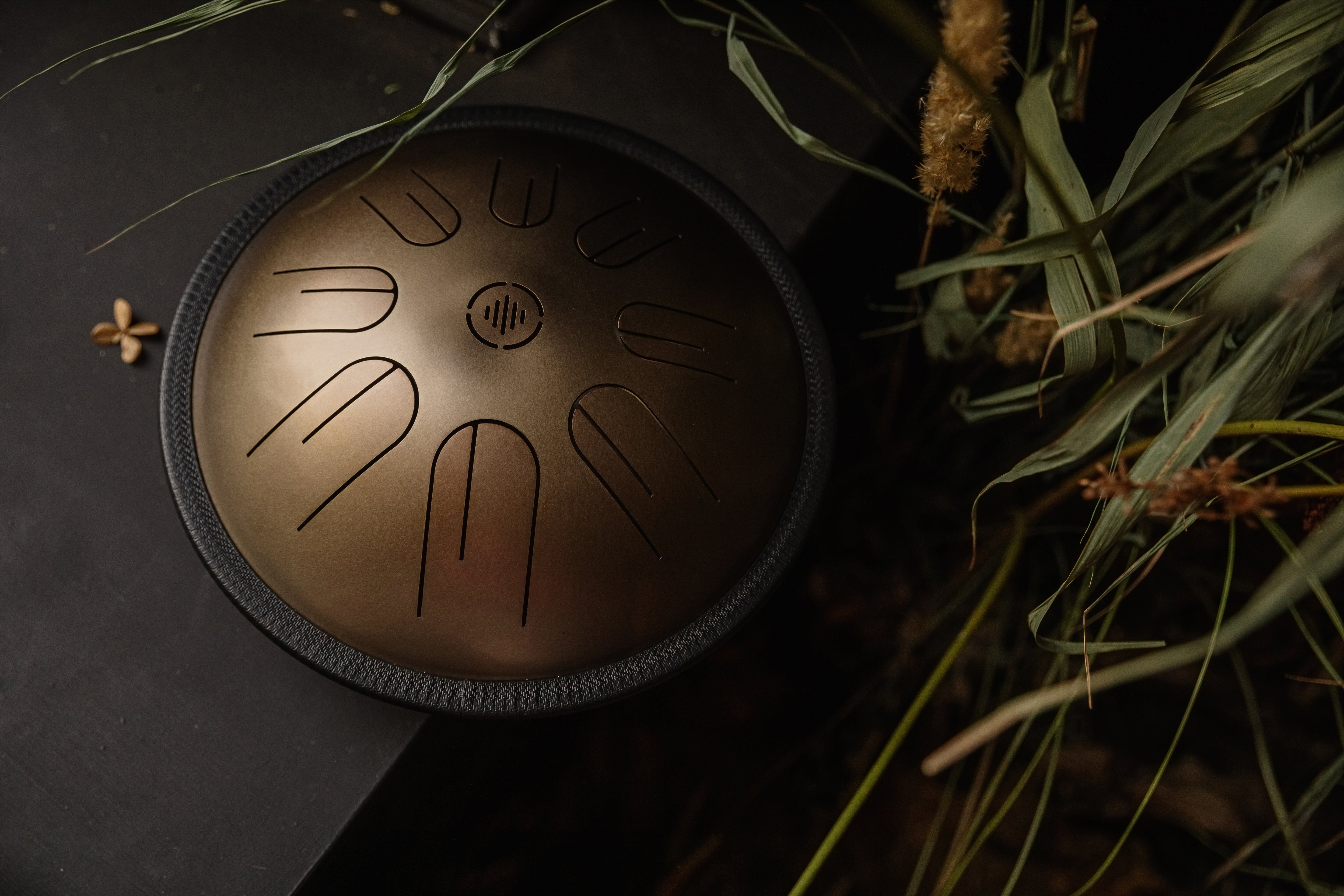 Front view of Novadrum 28 steel tongue drum in stainless steel, with precision-cut tongues arranged symmetrically around a central logo.