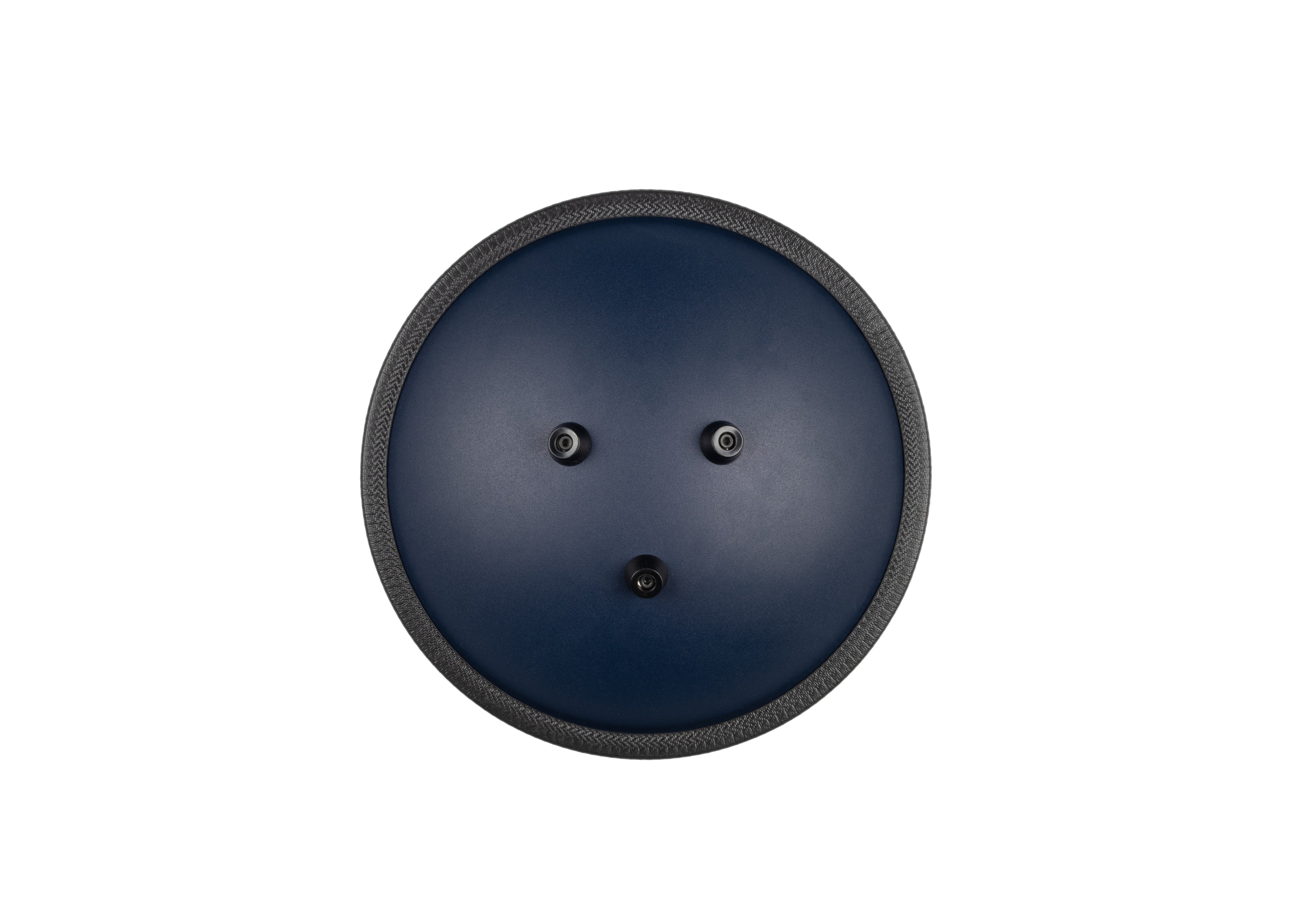 Back view of the Novadrum 28 steel tongue drum in blue matte, featuring three rubber feet and a black protective rim