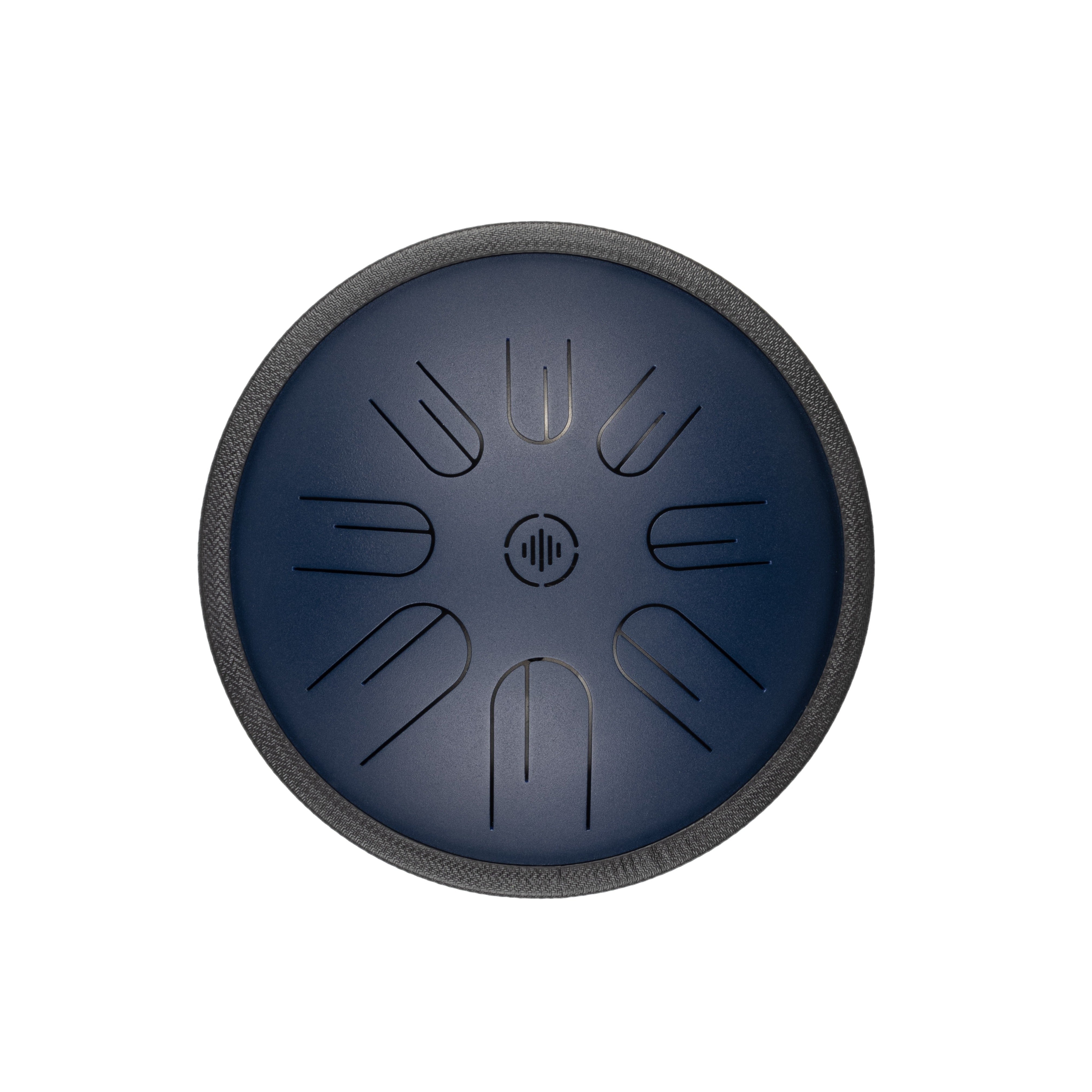 Front view of Novadrum 28 steel tongue drum in blue matte, featuring precision-cut tongues symmetrically arranged around a central logo