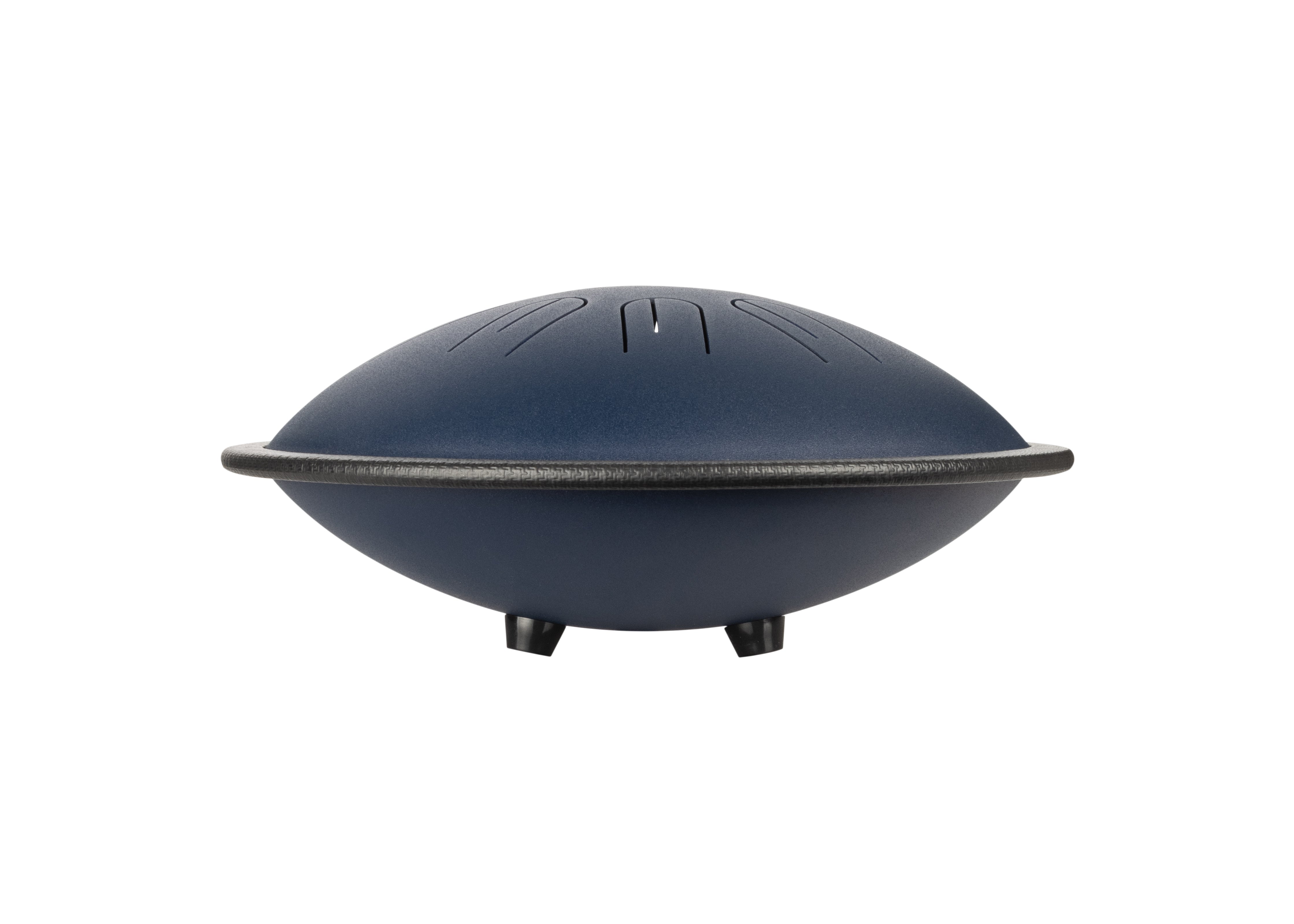 Side view of Novadrum 28 steel tongue drum in blue matte, featuring a black protective rim and three rubber feet