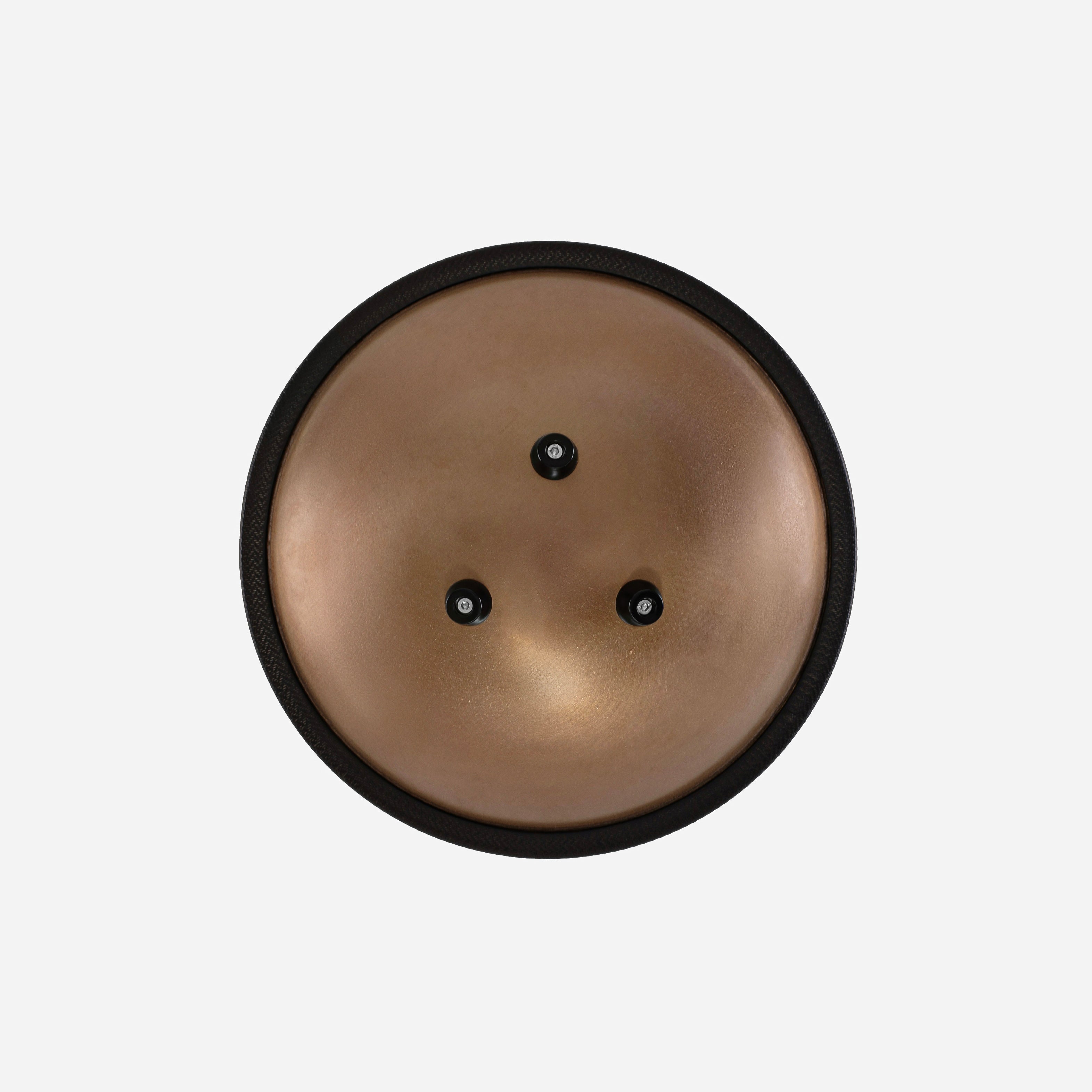 Back view of Novadrum 28 steel tongue drum in stainless steel, showing a three rubber feet, and black rope rim.