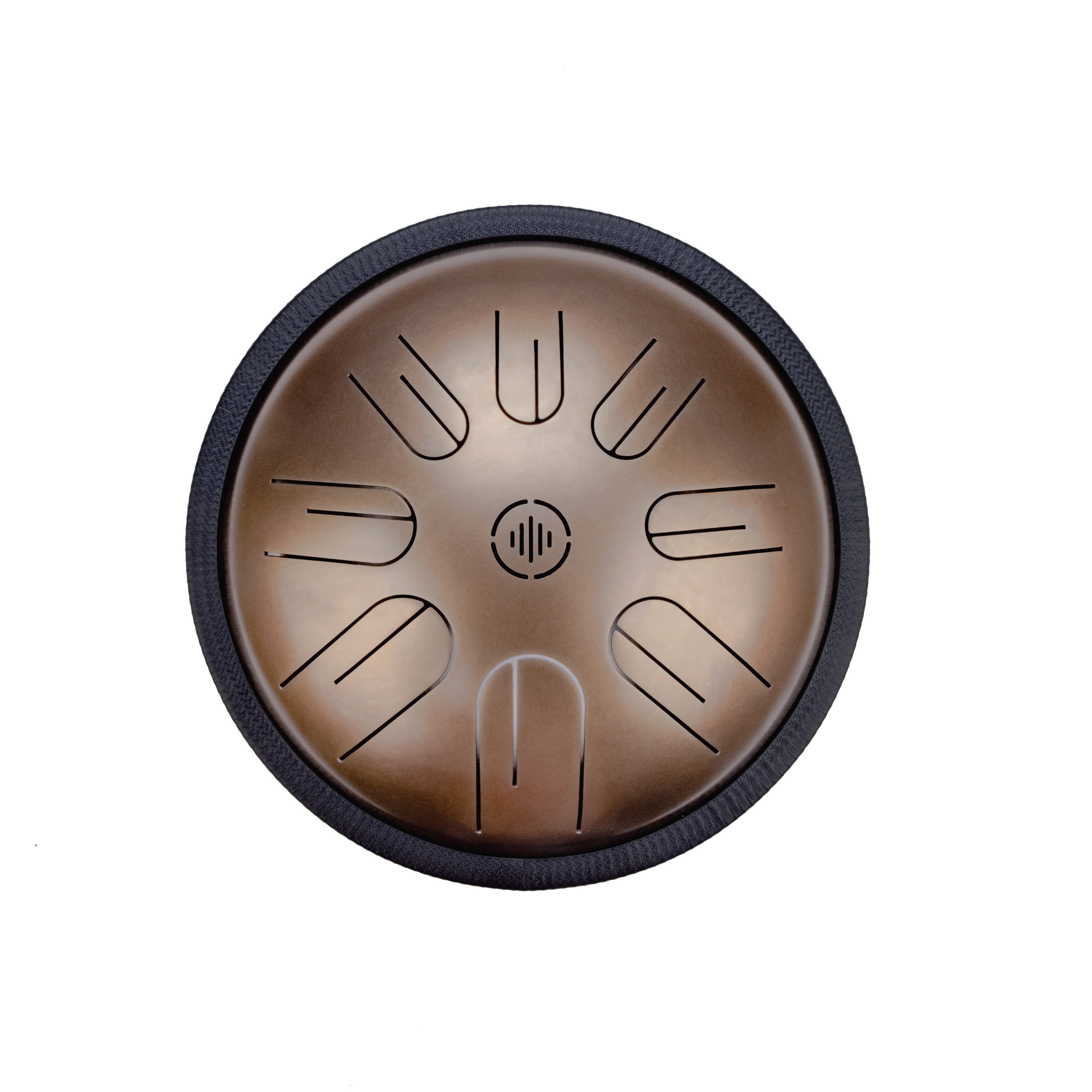 Front view of Novadrum 28 steel tongue drum in stainless steel, with precision-cut tongues arranged symmetrically around a central logo.