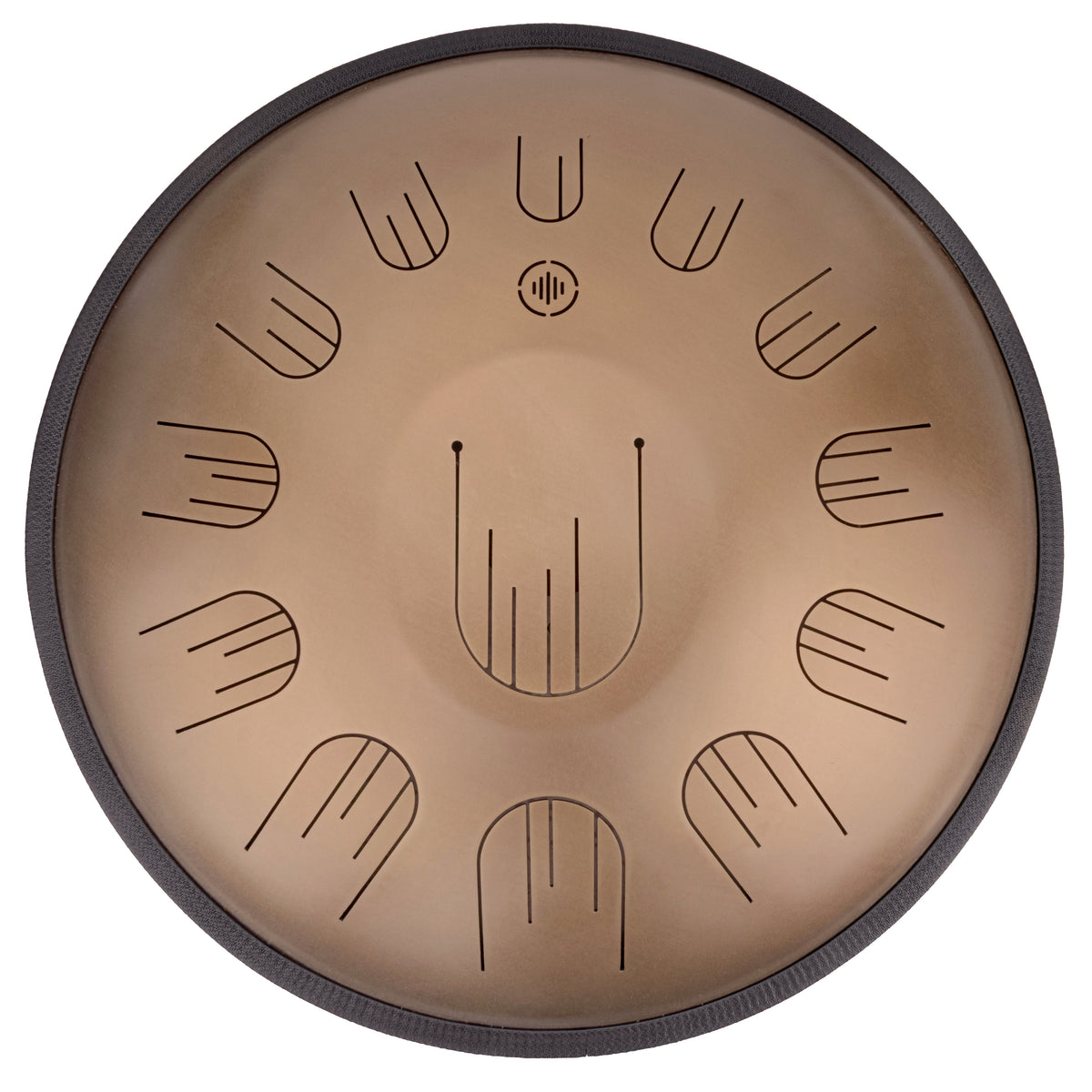 Front view of Novadrum 48 big steel tongue drum in stainless steel, with precision-cut tongues arranged symmetrically around a central logo.