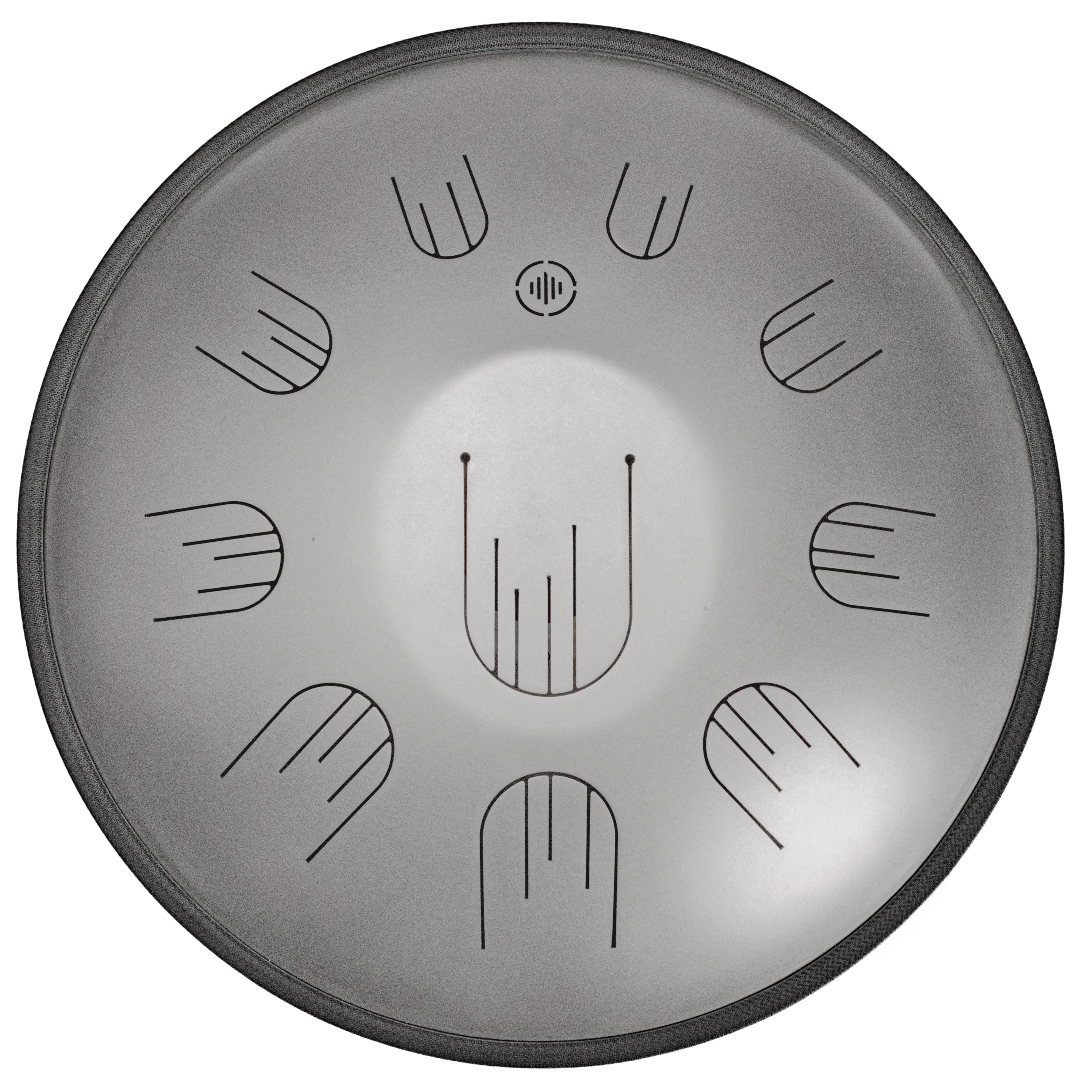 Front view of Novadrum 48 big steel tongue drum in stainless steel, with precision-cut tongues arranged symmetrically around a central logo.