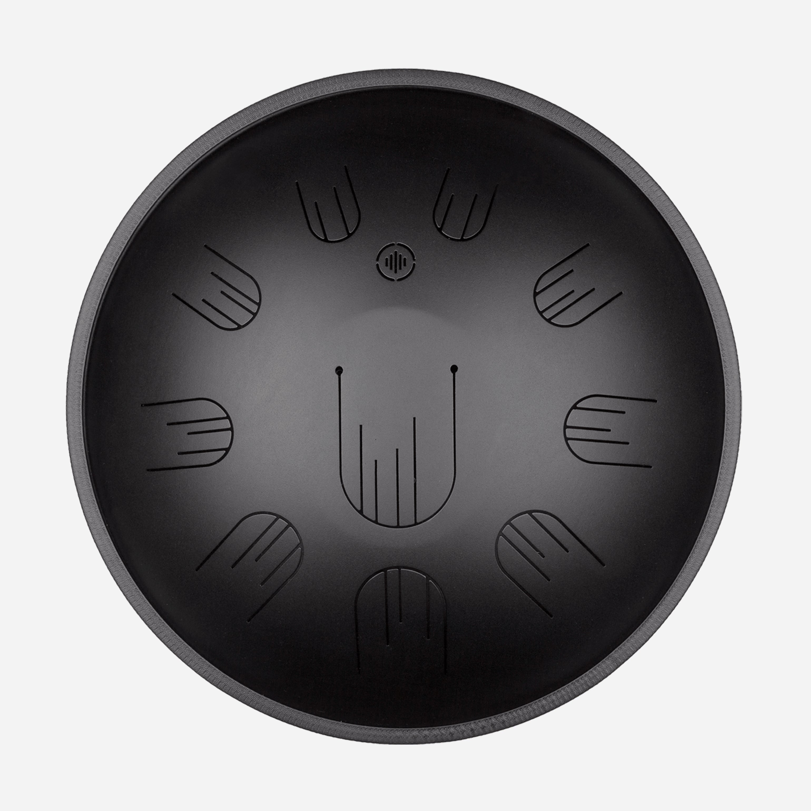 Front view of Novadrum 48 big steel tongue drum in black matte, with precision-cut tongues arranged symmetrically around a central logo.