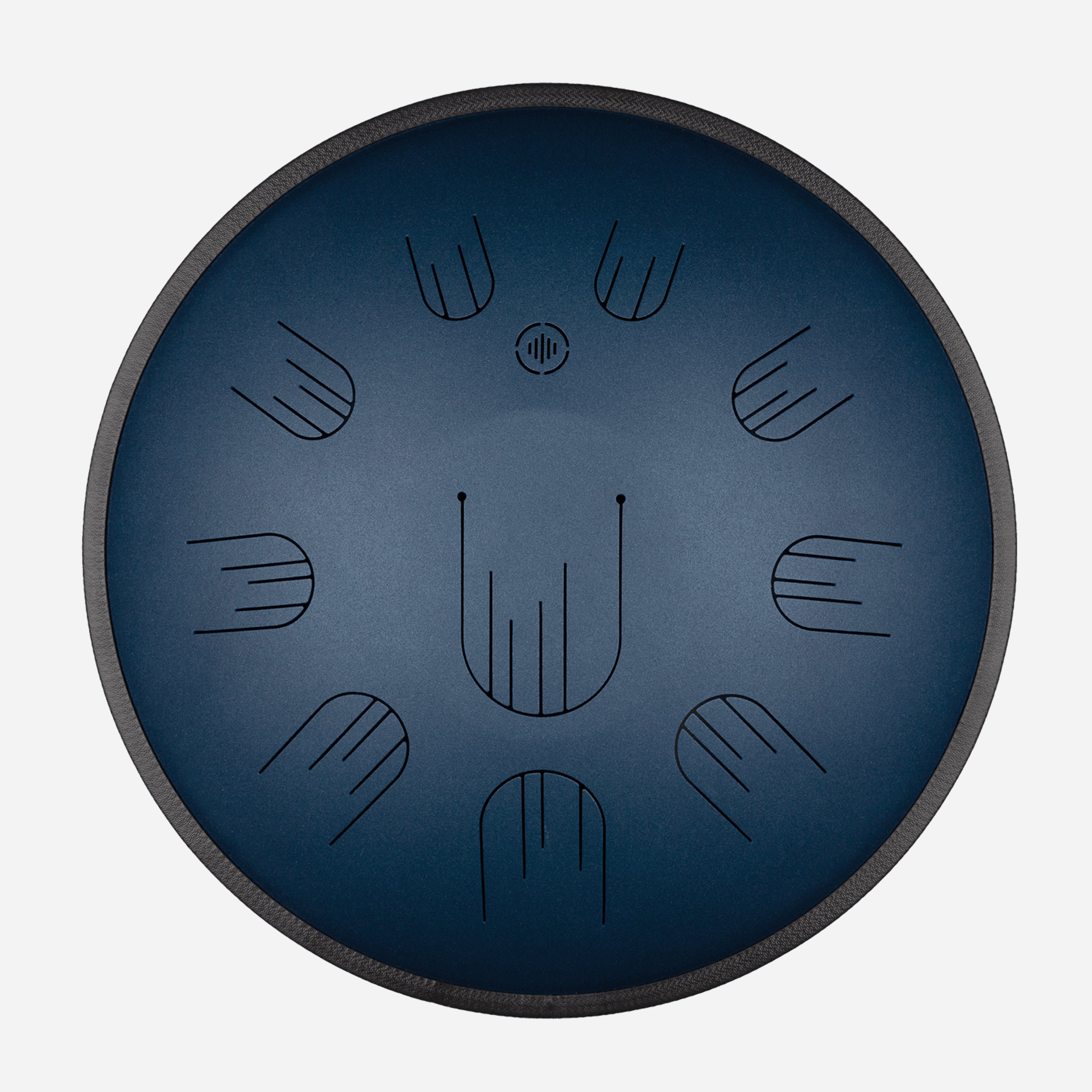 Front view of Novadrum 48 big steel tongue drum in blue matte, with precision-cut tongues arranged symmetrically around a central logo.
