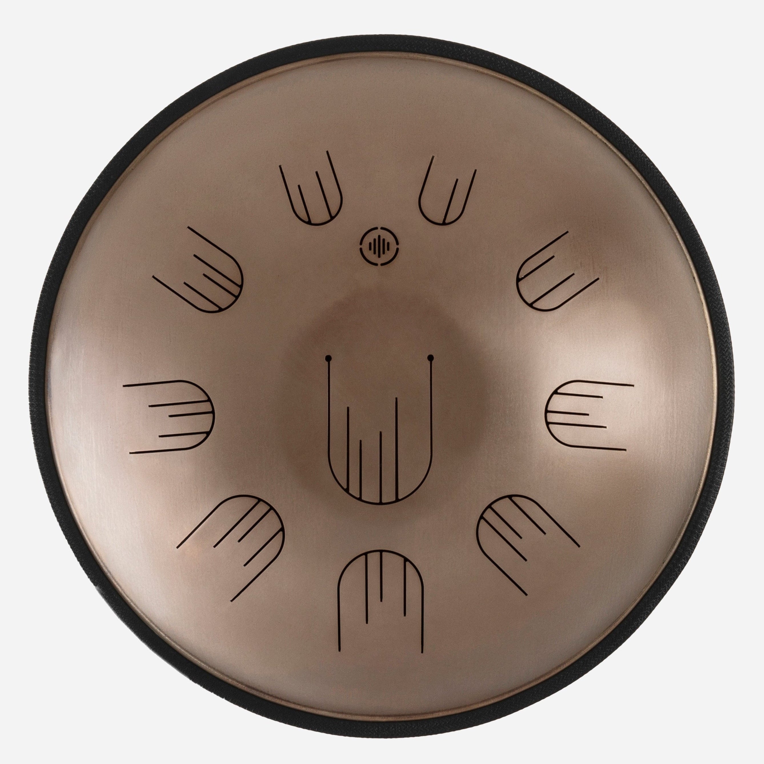 Front view of Novadrum 48 big steel tongue drum in stainless steel, with precision-cut tongues arranged symmetrically around a central logo