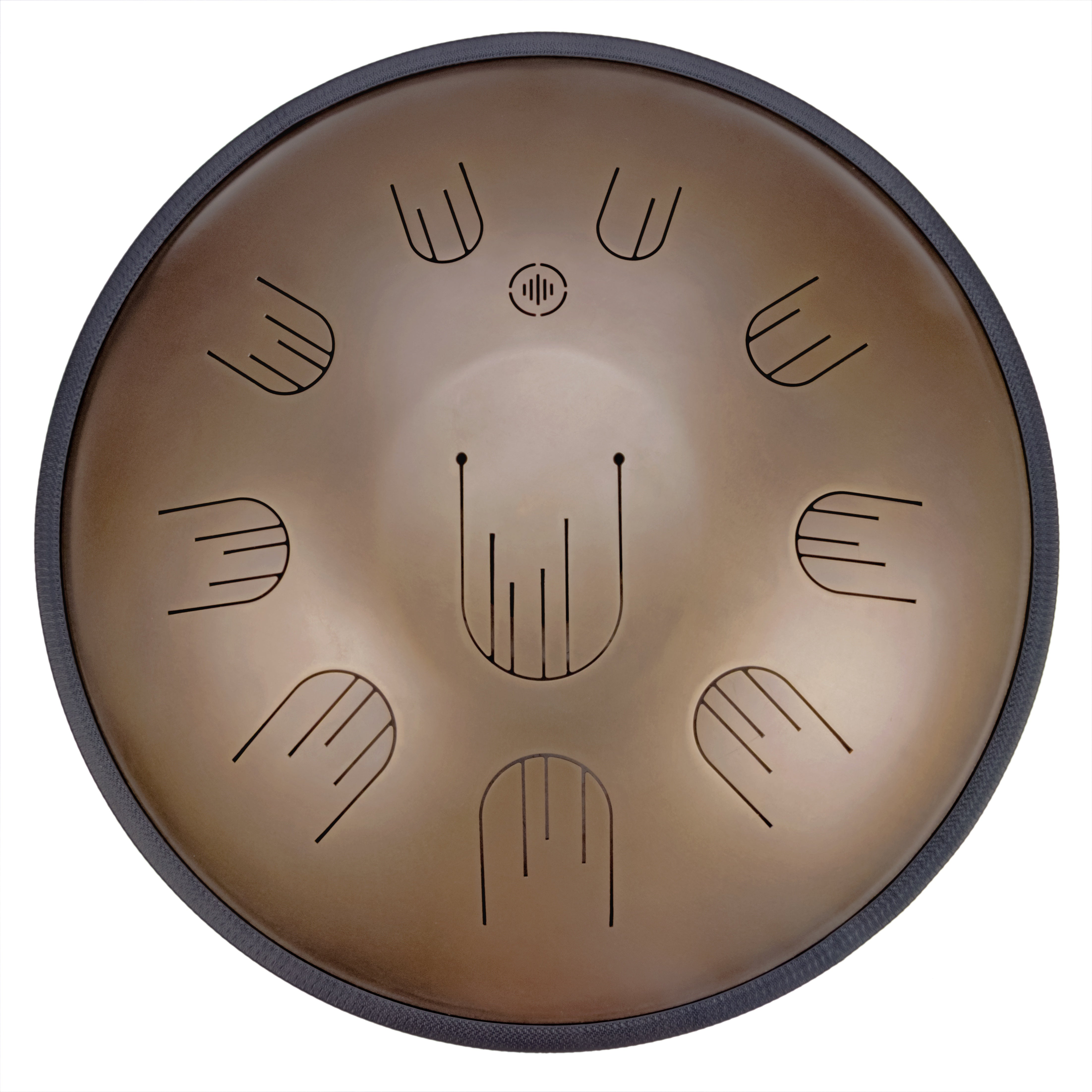 Front view of Novadrum 48 big steel tongue drum in stainless steel, with precision-cut tongues arranged symmetrically around a central logo