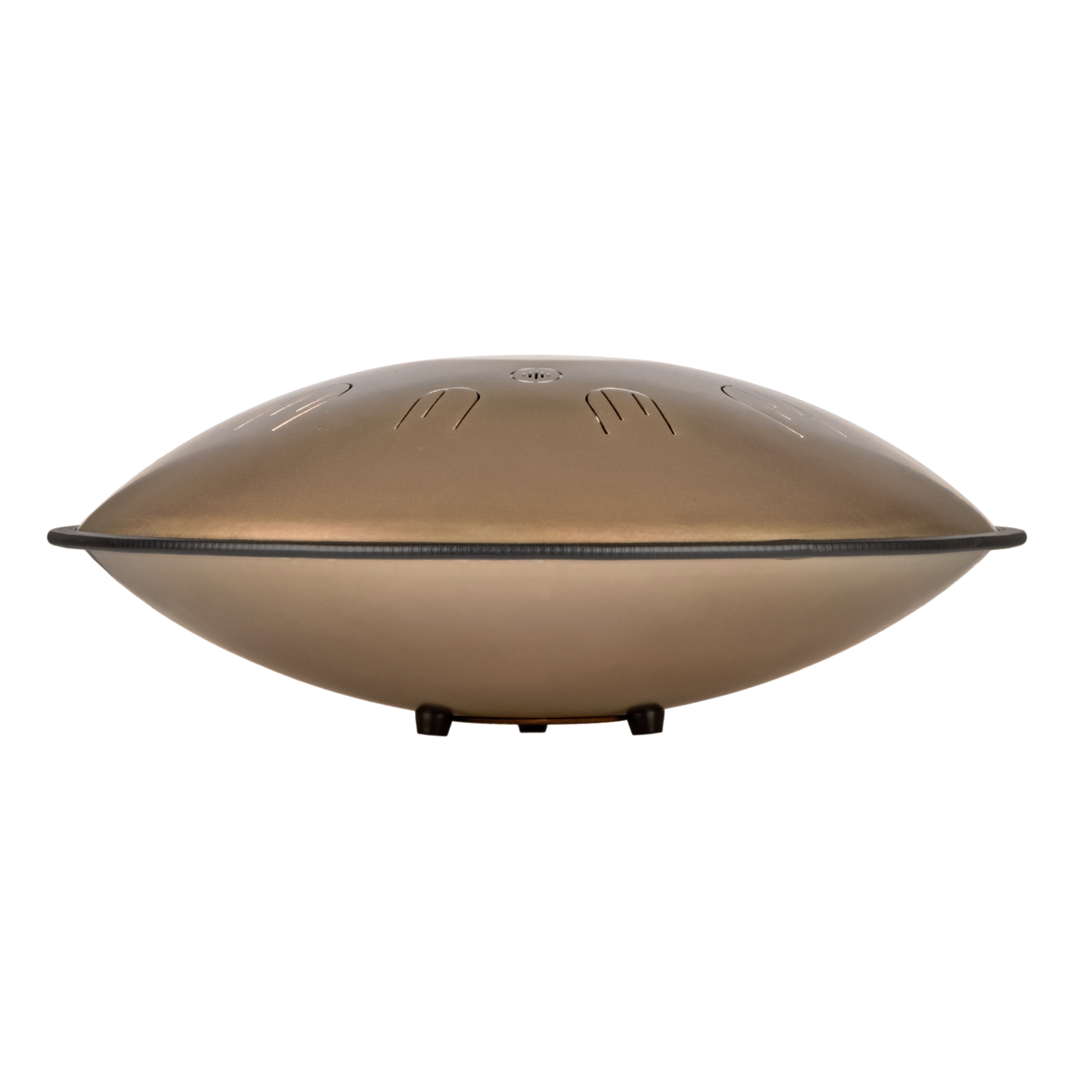 Side view of Novadrum 48 big steel tongue drum in stainless steel, featuring a black protective rim and three rubber feet for stability.