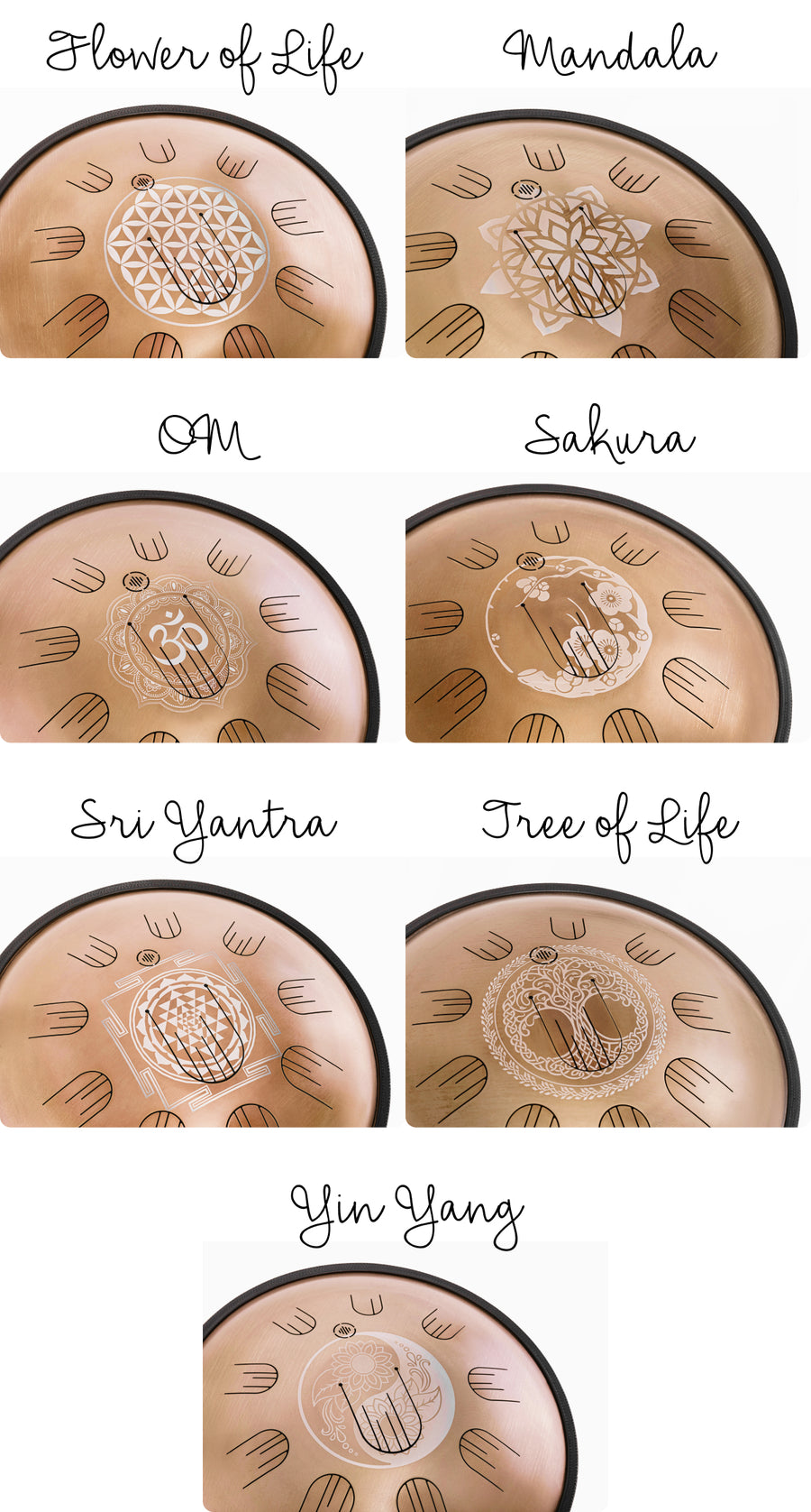 Flower of Life, Mandala, OM, Sakura, Sri Yantra, Tree of Life, Yin Yang
