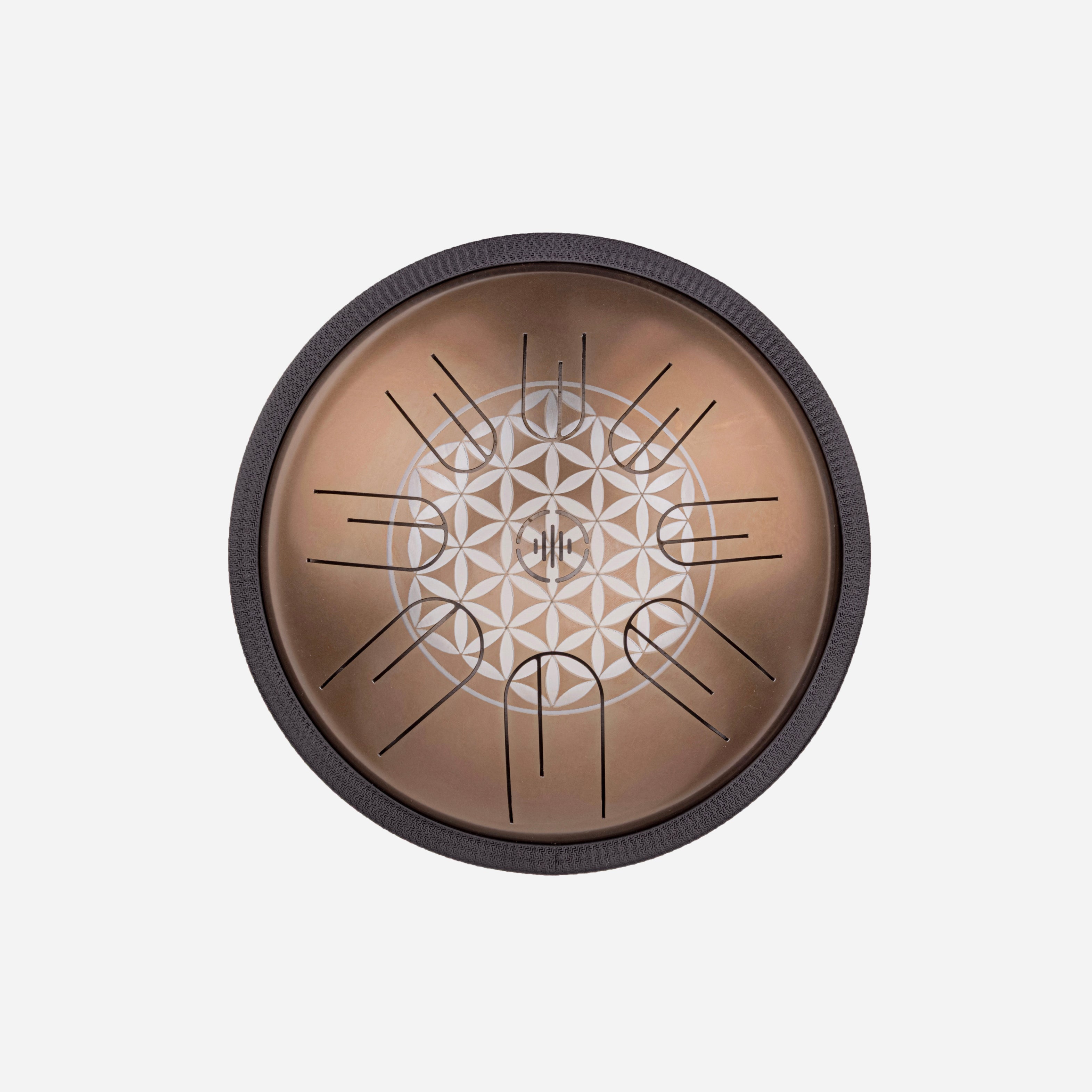 Front view of Novadrum 28 steel tongue drum in stainless steel, with precision-cut tongues arranged symmetrically around a central logo with Flower of Life engraving.