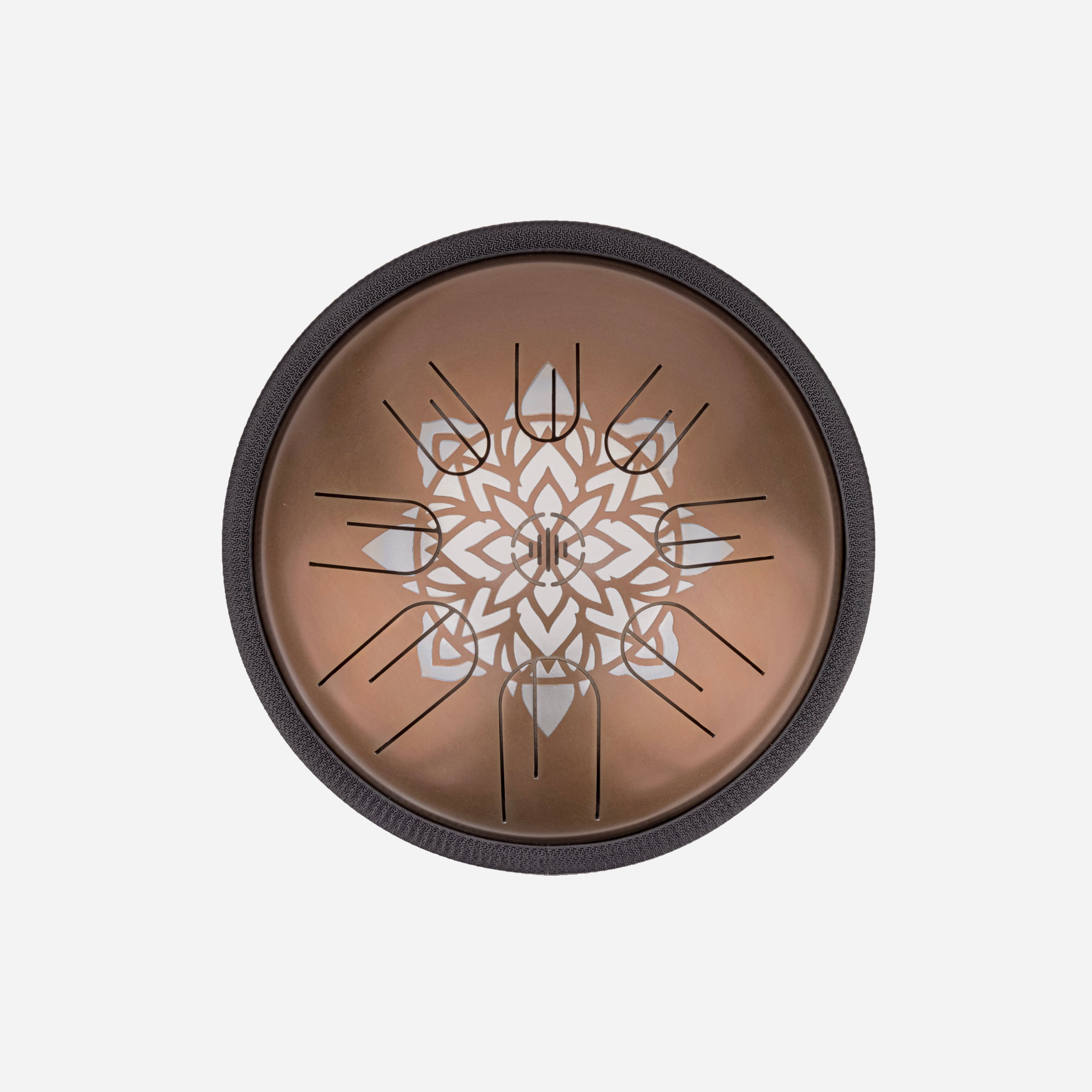Front view of Novadrum 28 steel tongue drum in stainless steel, with precision-cut tongues arranged symmetrically around a central logo with Mandala engraving.