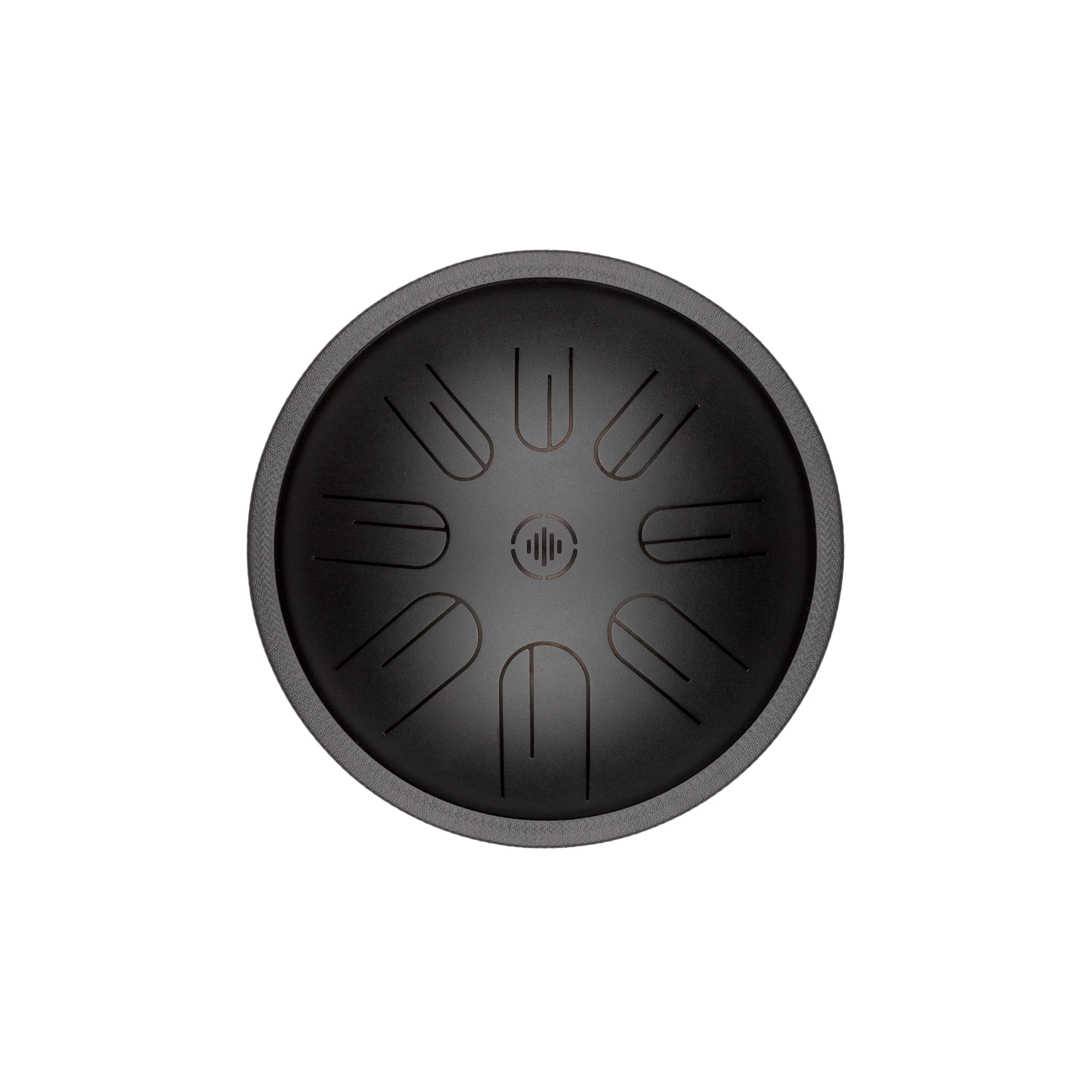 Front view of Novadrum 28 steel tongue drum in black matte, featuring precision-cut tongues symmetrically arranged around a central logo