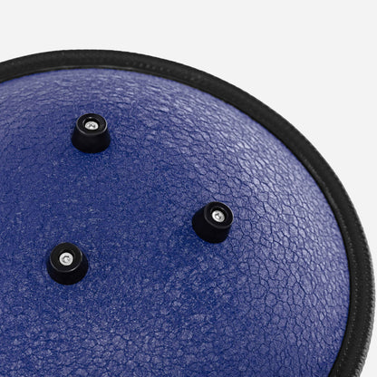 Close-up back view of the Novadrum 28 steel tongue drum in blue textured finish, featuring three rubber feet and a black protective rim