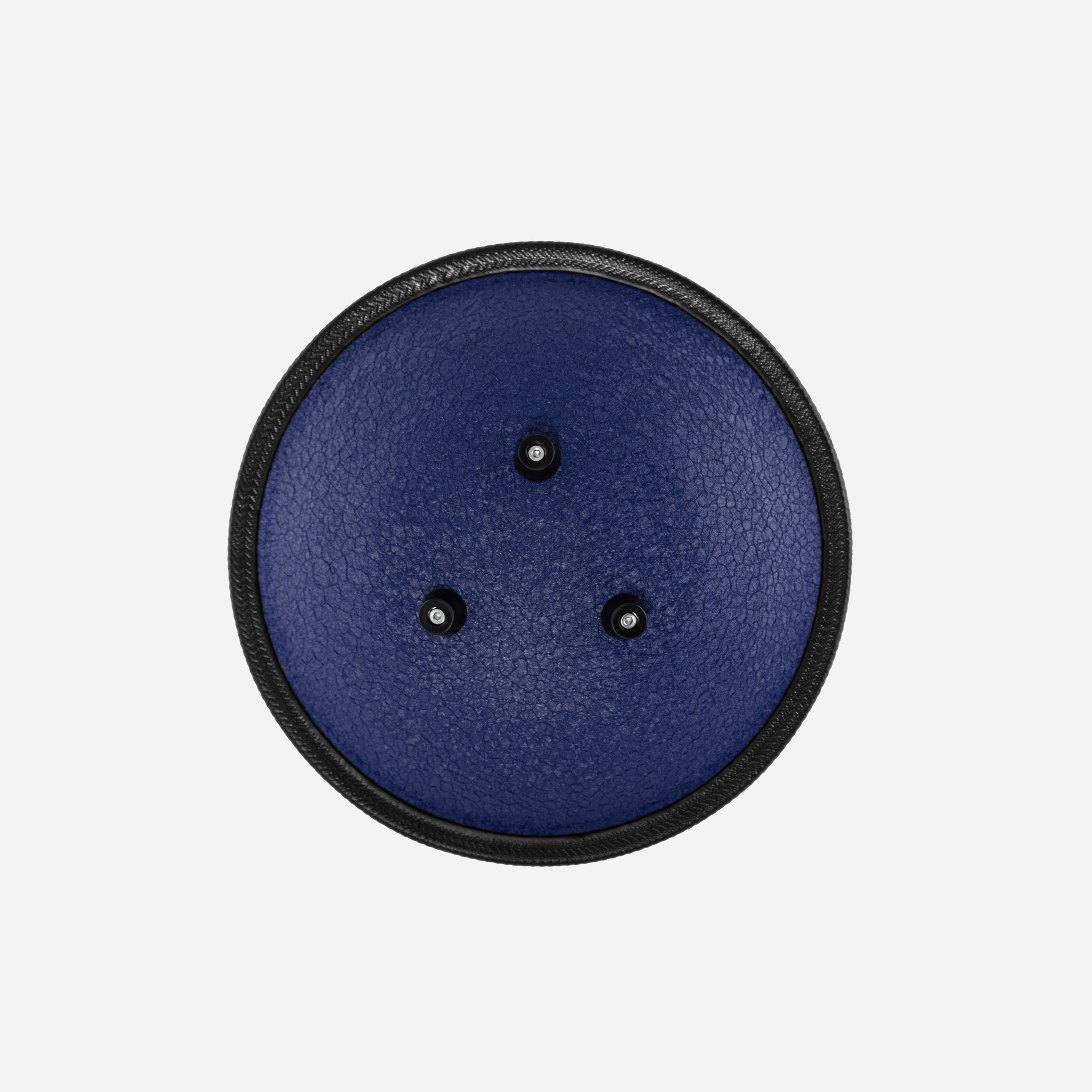 Back view of the Novadrum 28 steel tongue drum in blue textured finish, featuring three rubber feet and a black protective rim