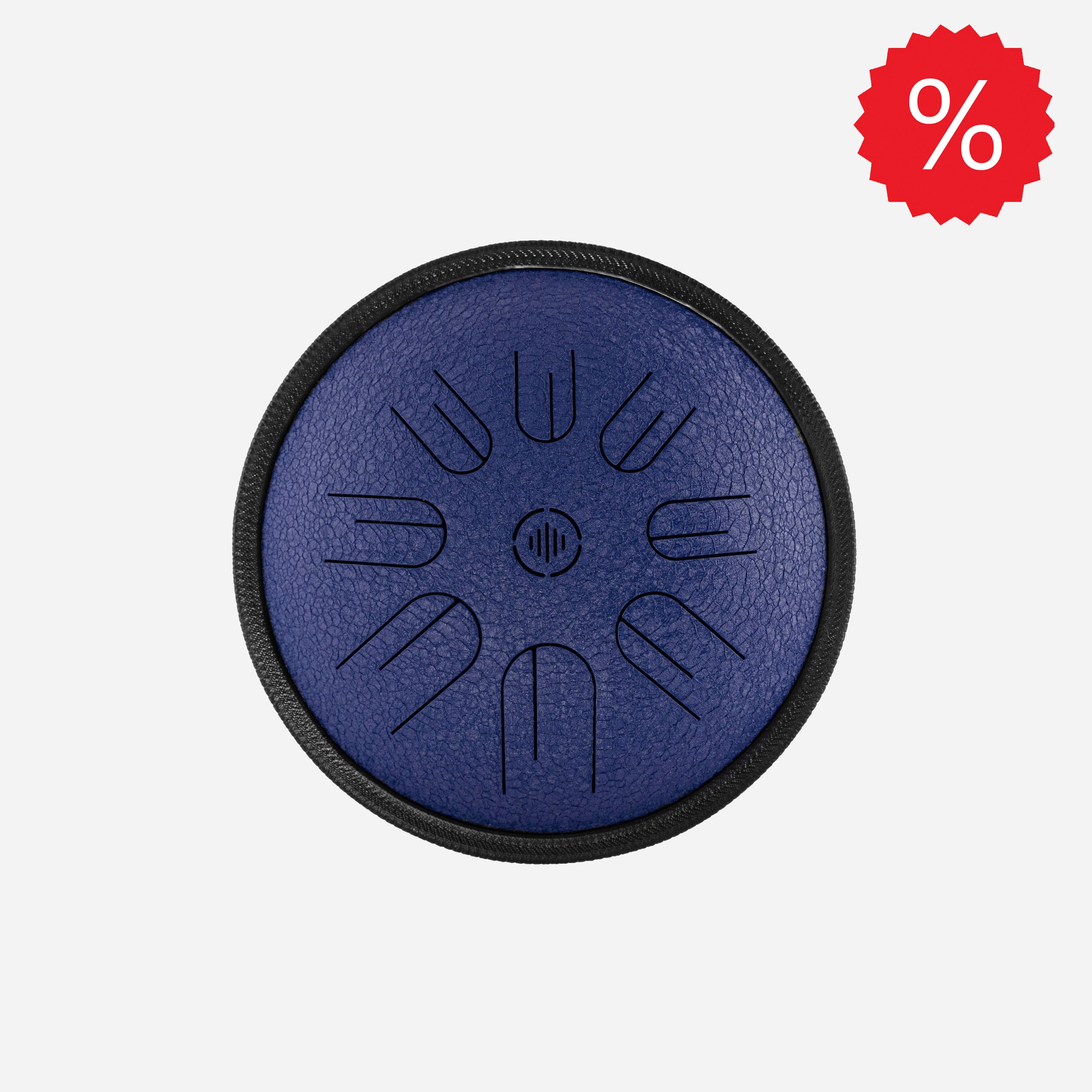 Front view of Novadrum 28 steel tongue drum in blue textured finish, with precision-cut tongues arranged symmetrically around a central logo. With discount icon