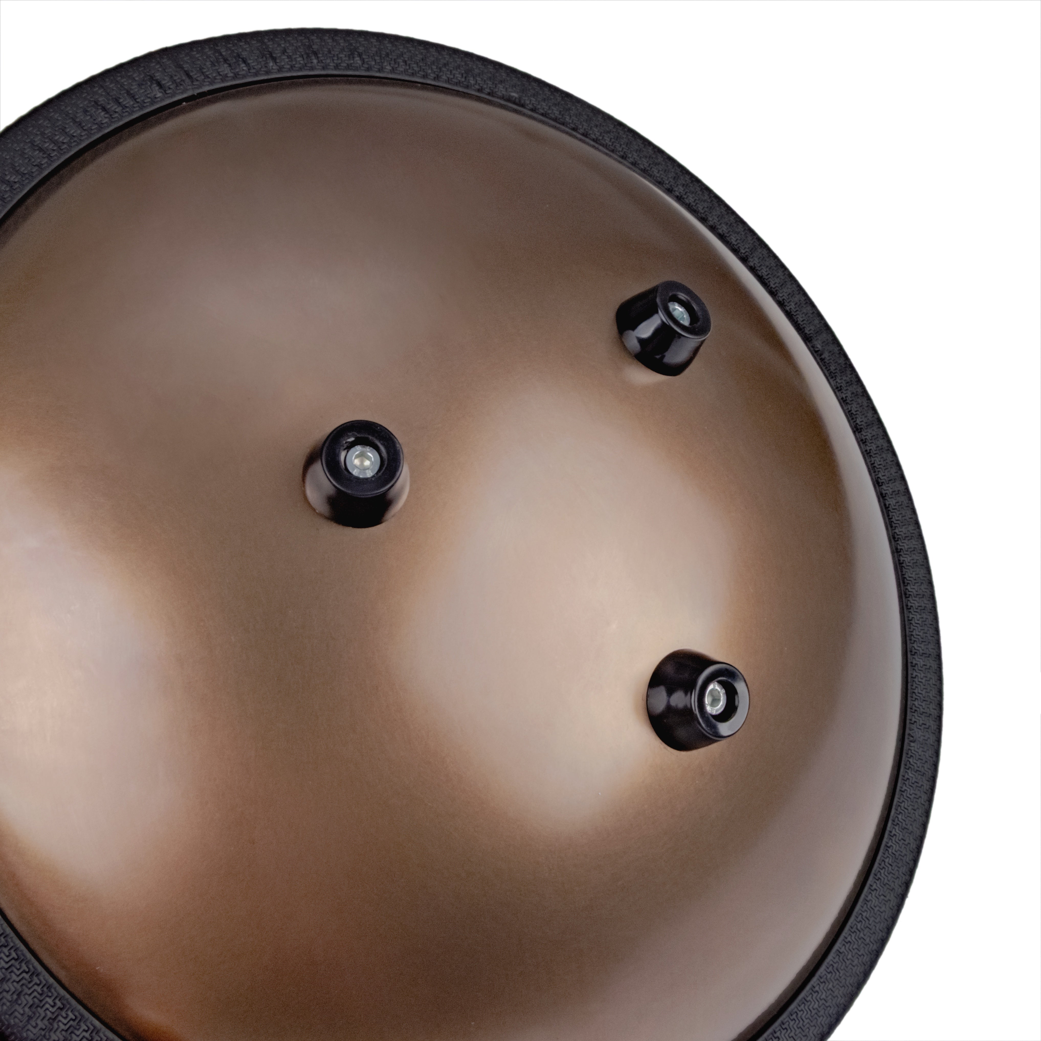 Close-up back view of the Novadrum 28 steel tongue drum in stainless steel, featuring three rubber feet and a black protective rim