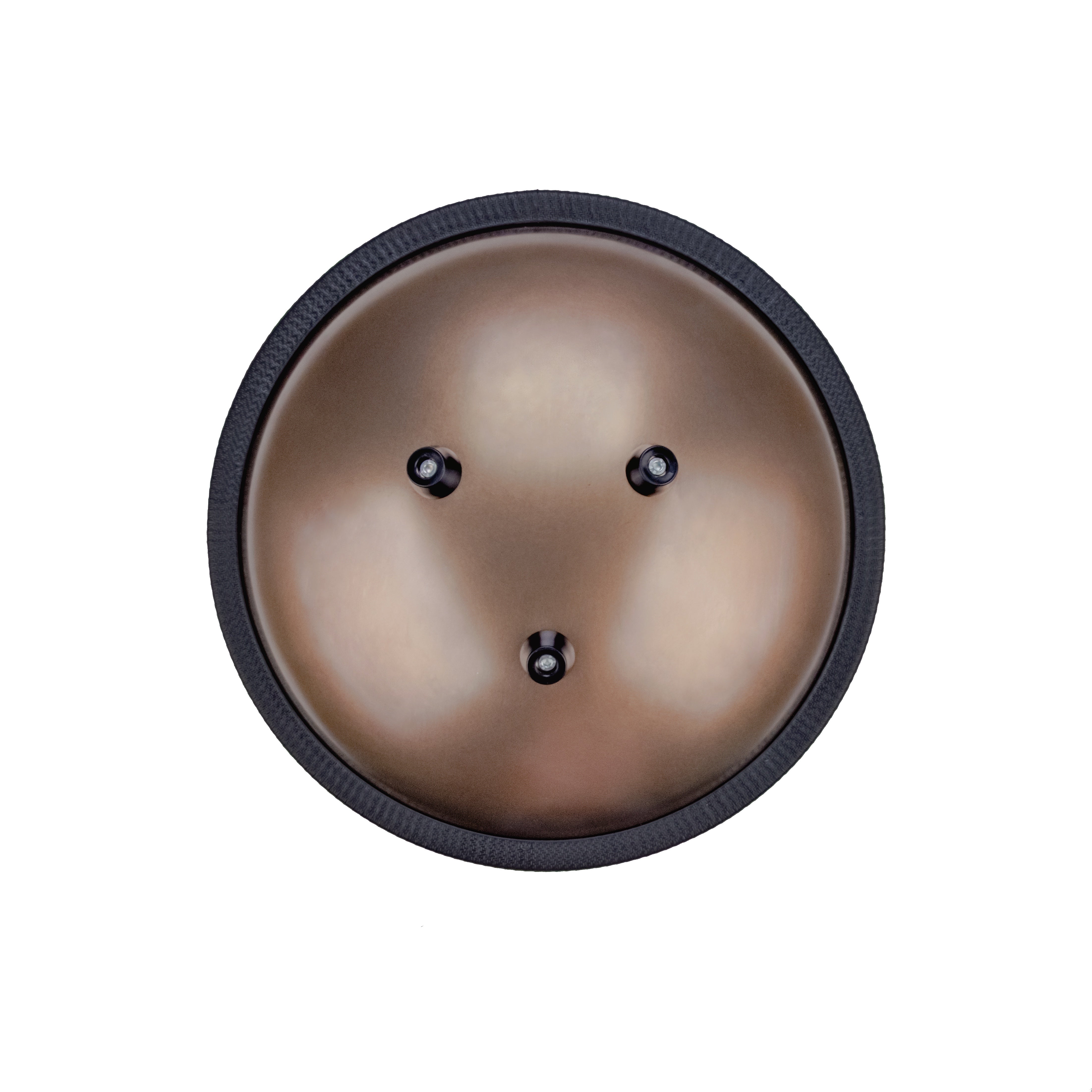 Back view of Novadrum 28 steel tongue drum in stainless steel, showing a three  rubber feet, and black rope rim.