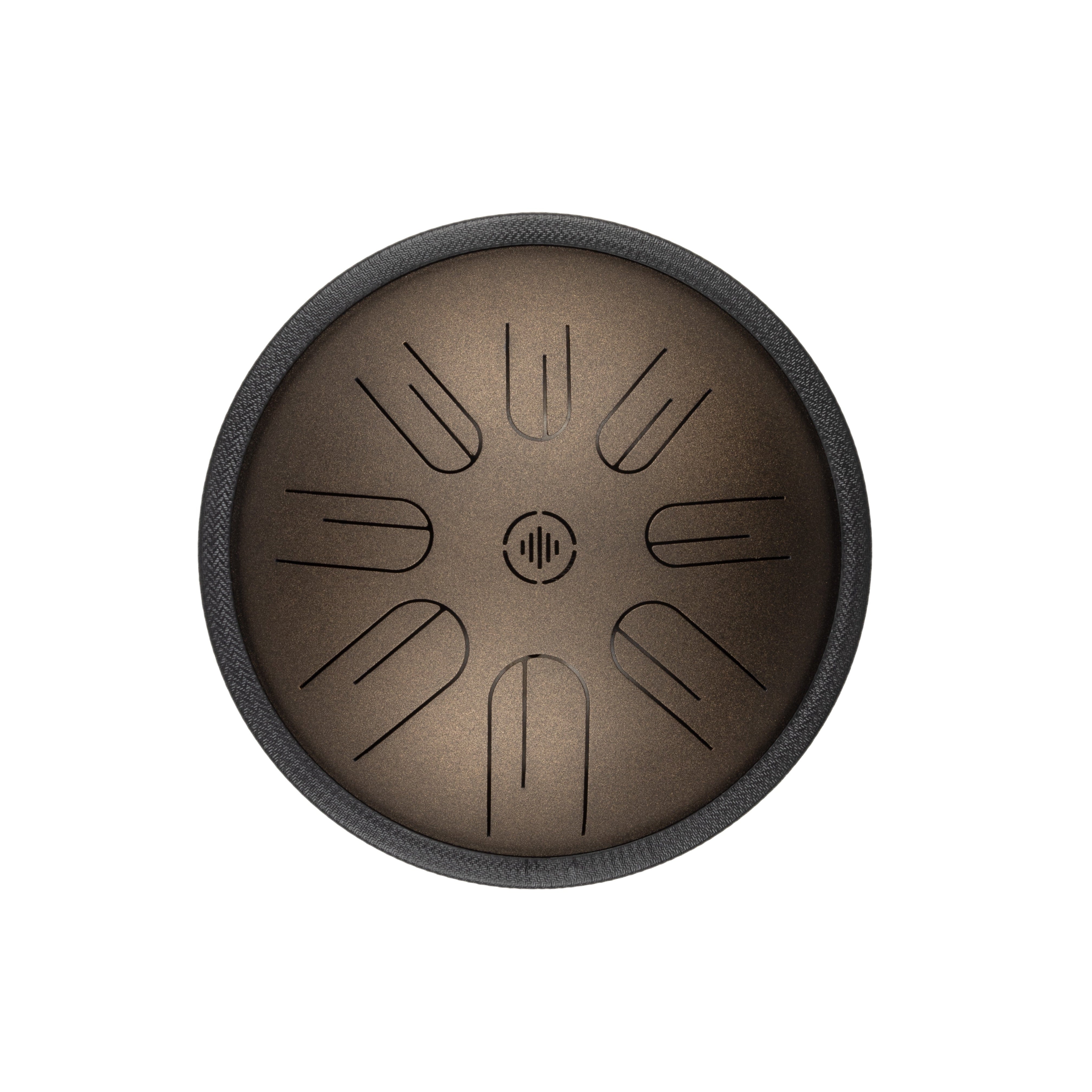 Front view of Novadrum 28 steel tongue drum in bronze matte, featuring precision-cut tongues symmetrically arranged around a central logo