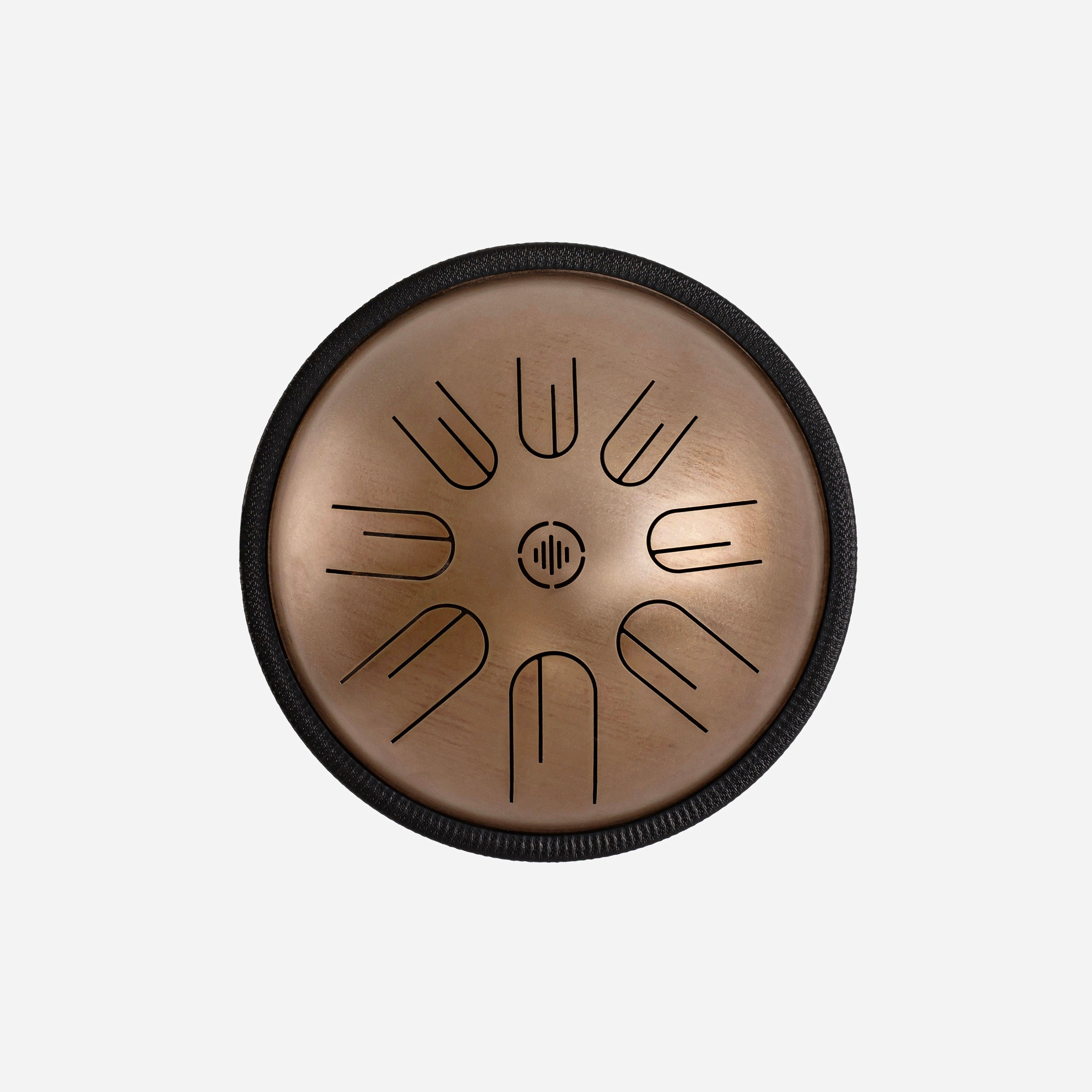 Front view of Novadrum 28 steel tongue drum in stainless steel, with precision-cut tongues arranged symmetrically around a central logo.