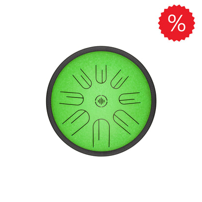 Front view of Novadrum 28 steel tongue drum in green textured finish, with precision-cut tongues arranged symmetrically around a central logo. With discount icon