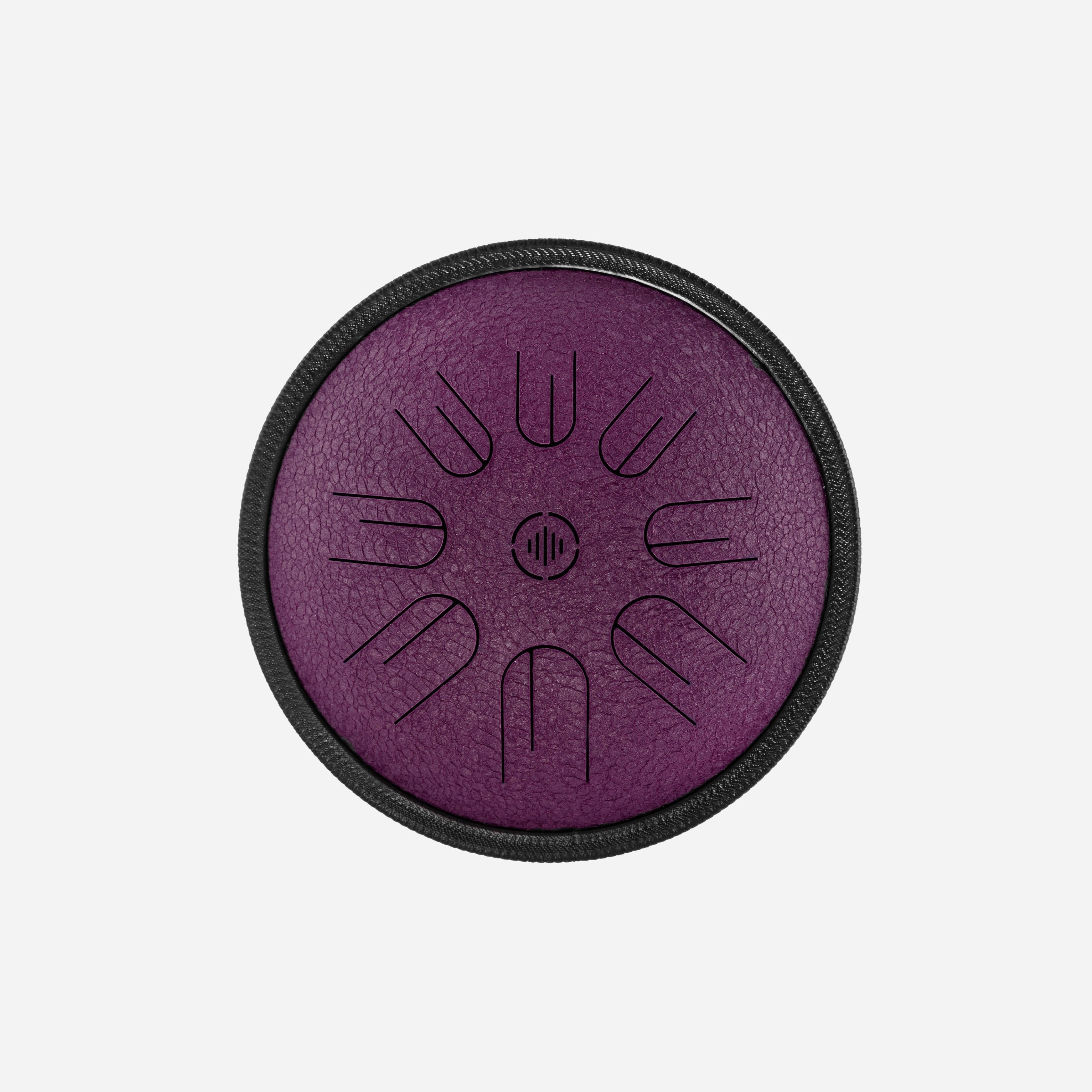 Front view of Novadrum 28 steel tongue drum in purple textured finish, with precision-cut tongues arranged symmetrically around a central logo.