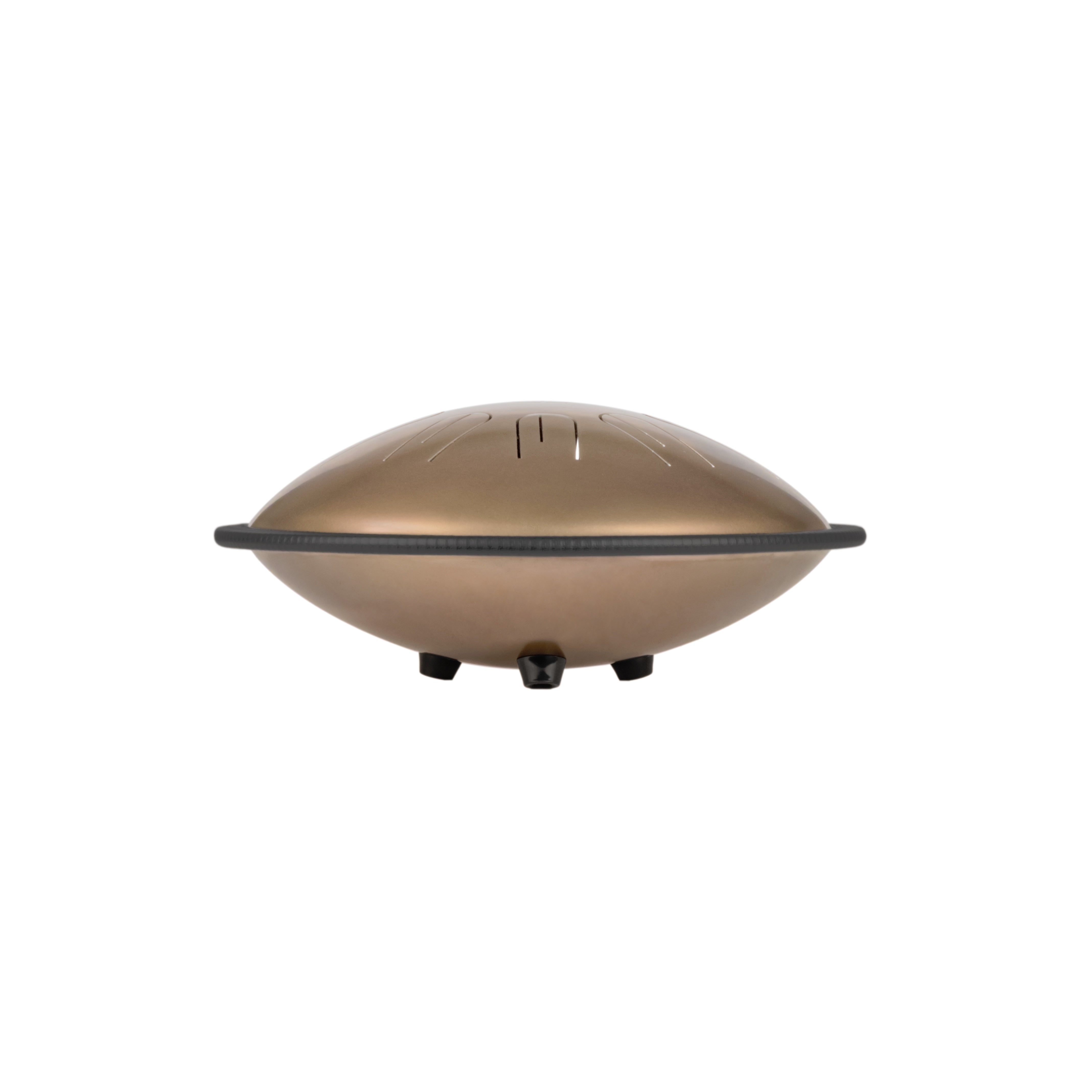 Side view of Novadrum 28 steel tongue drum in stainless steel, featuring a black protective rim and three rubber feet for stability.