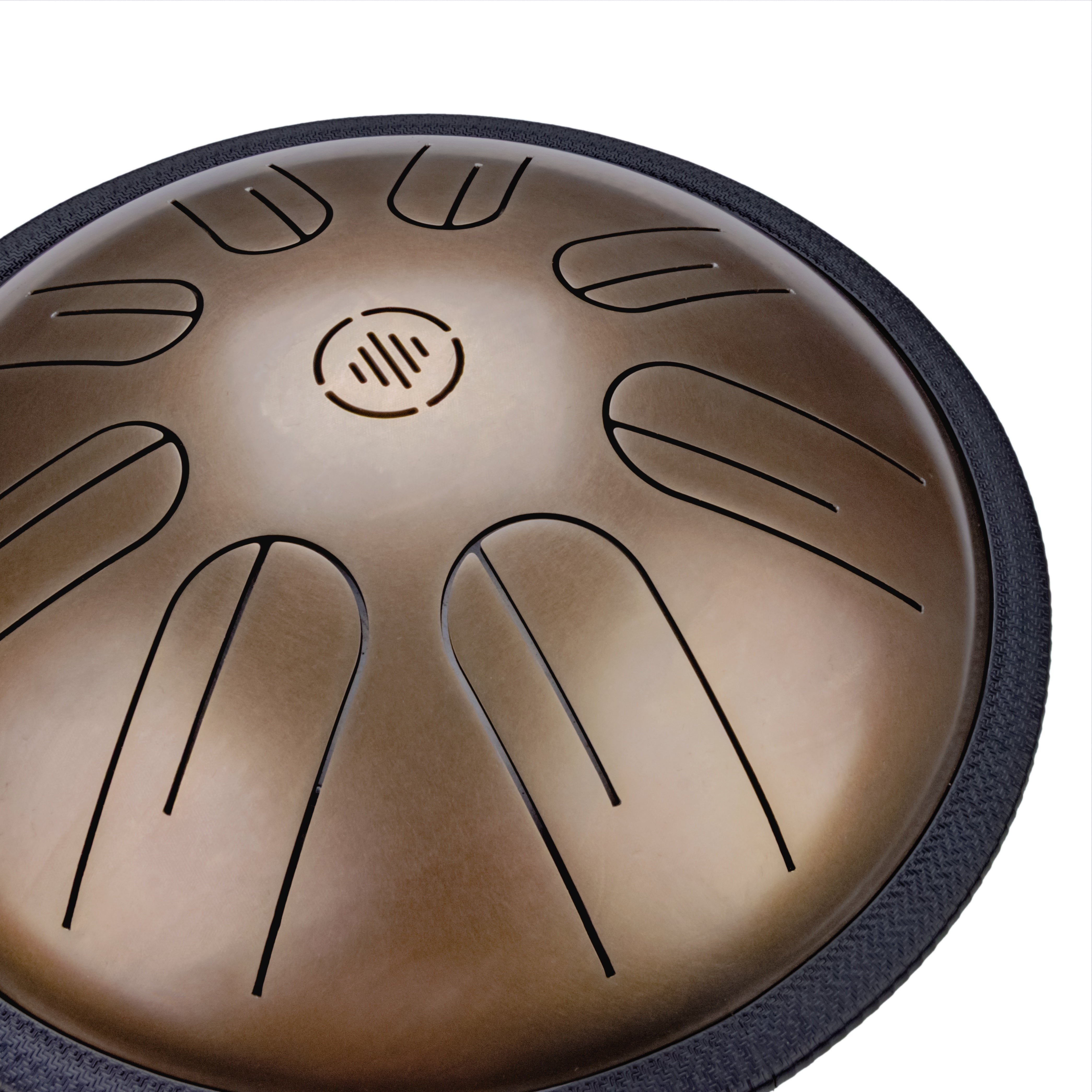 Close-up front view of Novadrum 28 steel tongue drum in stainless steel, highlighting precision-cut tongues and centered logo.