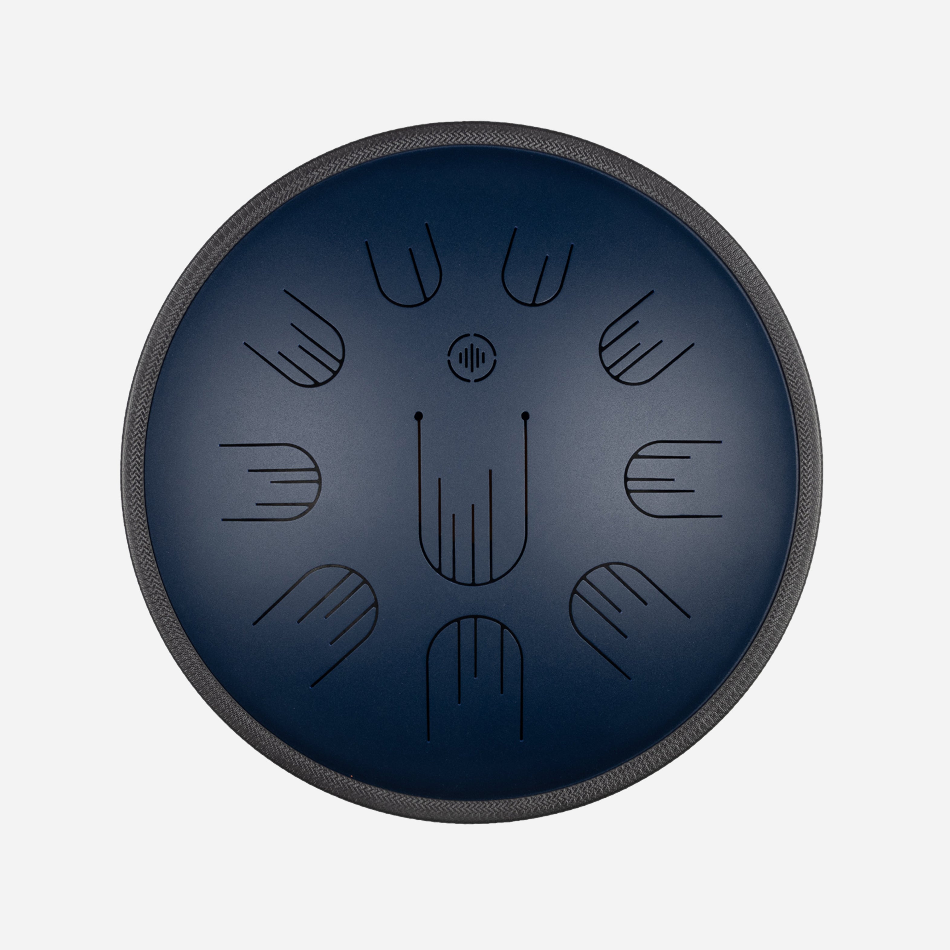 Front view of Novadrum 38 steel tongue drum in blue matte, with precision-cut tongues arranged symmetrically around a central logo.