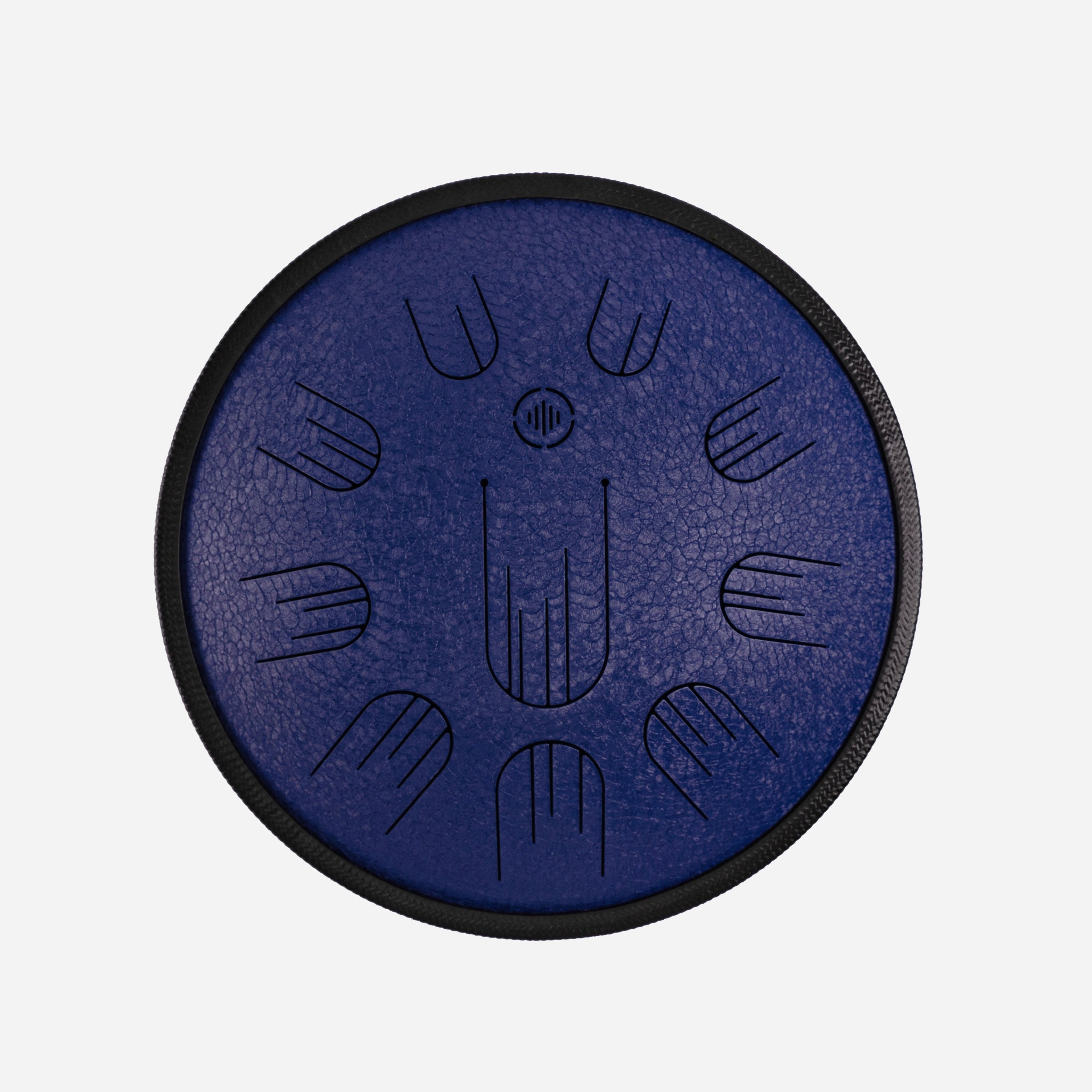 Front view of Novadrum 38 steel tongue drum in blue textured finish, with precision-cut tongues arranged symmetrically around a central logo.