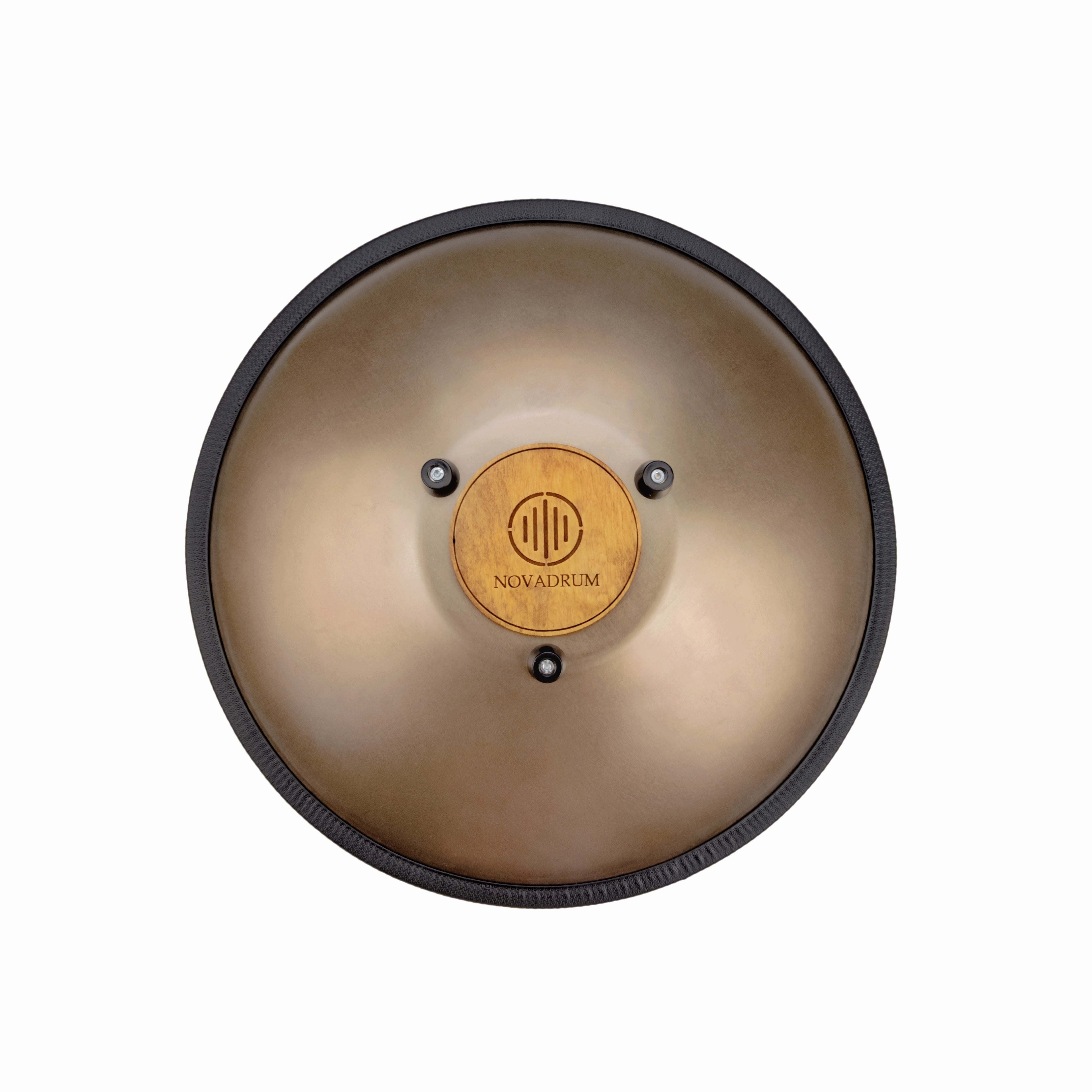 Back view of the Novadrum 38 tongue drum in stainless steel, featuring a wooden cover with engraved branding 'NovaDrum', rubber feet, and a black rope rim
