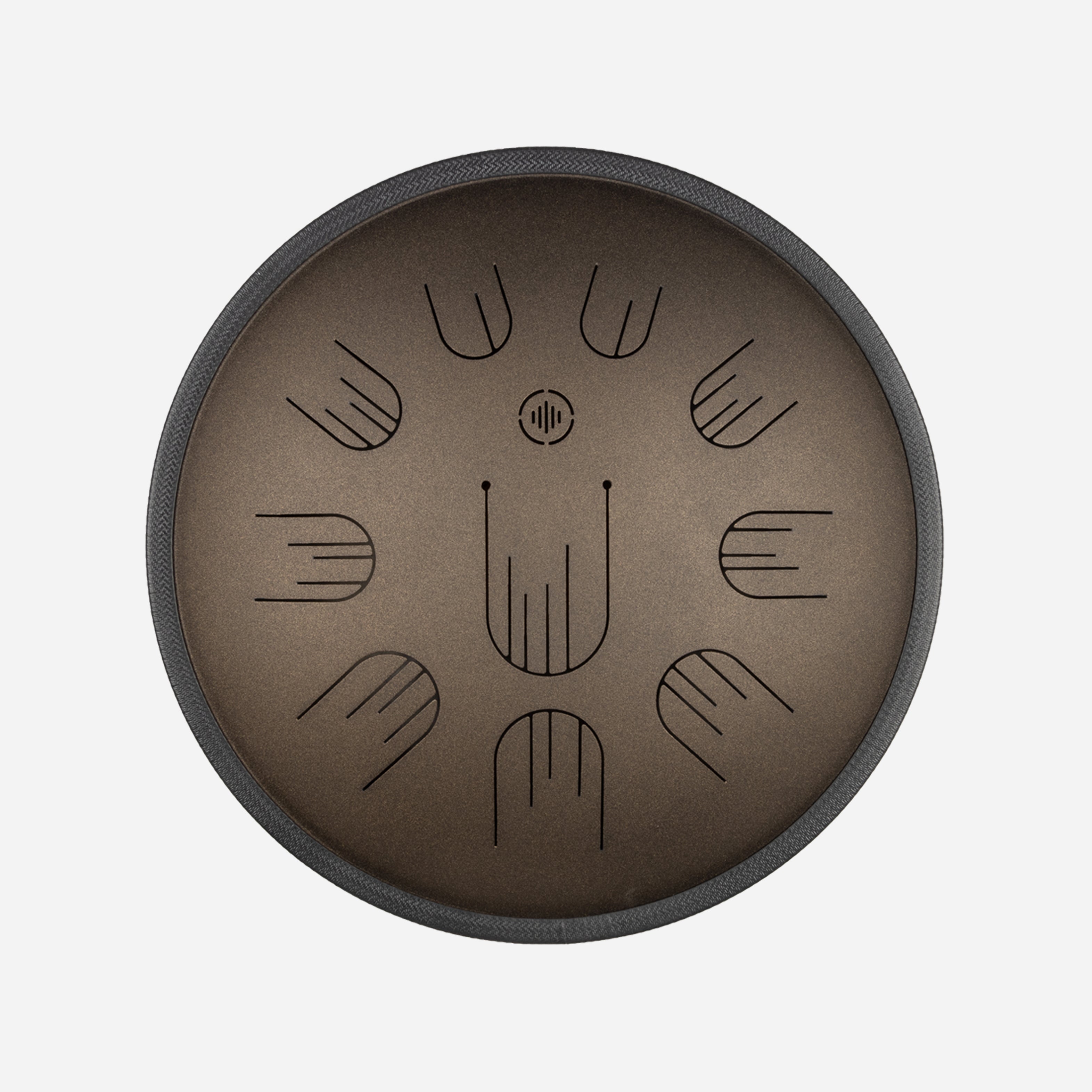 Front view of Novadrum 38 steel tongue drum in bronze matte, with precision-cut tongues arranged symmetrically around a central logo.