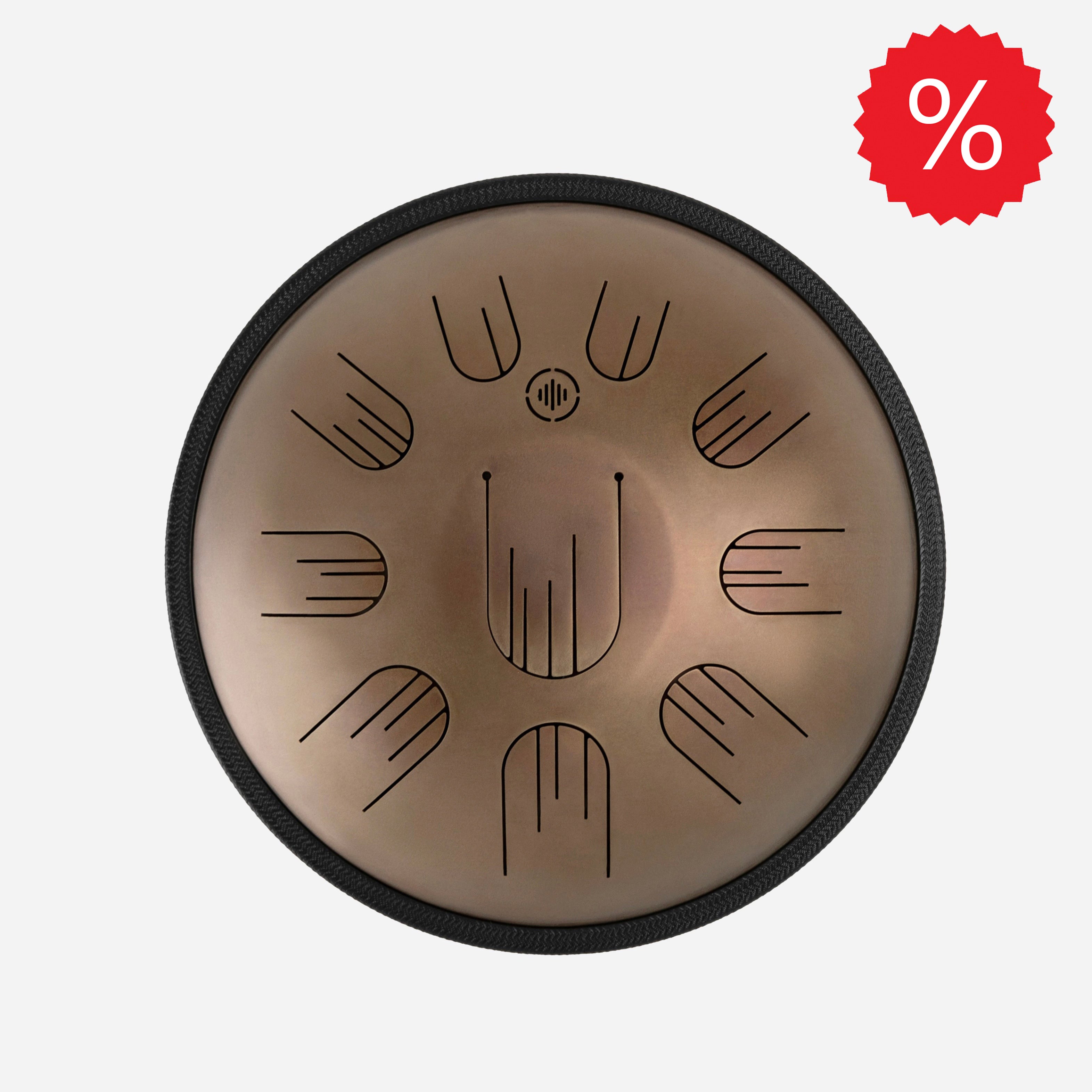 Front view of Novadrum 38 steel tongue drum in stainless steel, with precision-cut tongues arranged symmetrically around a central logo, with discount icon