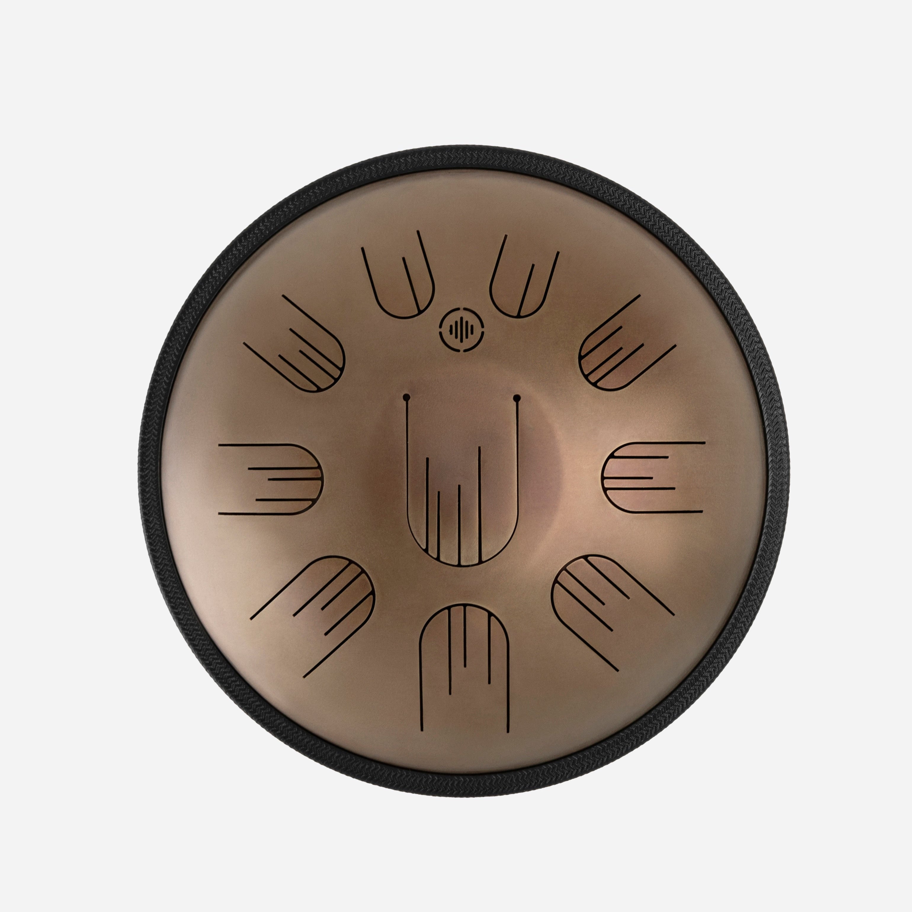 Front view of Novadrum 38 steel tongue drum in stainless steel, with precision-cut tongues arranged symmetrically around a central logo