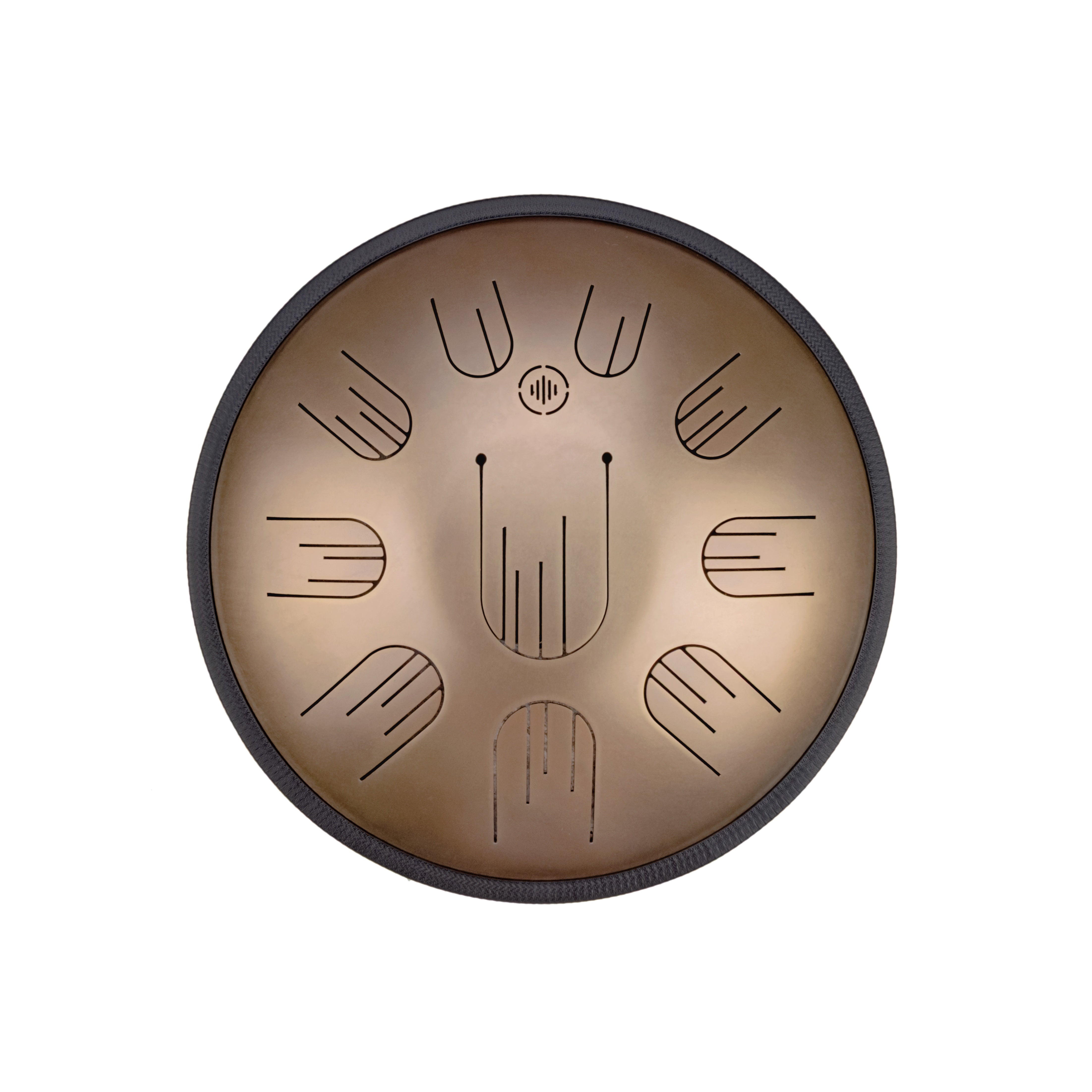 Front view of Novadrum 38 steel tongue drum in stainless steel, with precision-cut tongues arranged symmetrically around a central logo