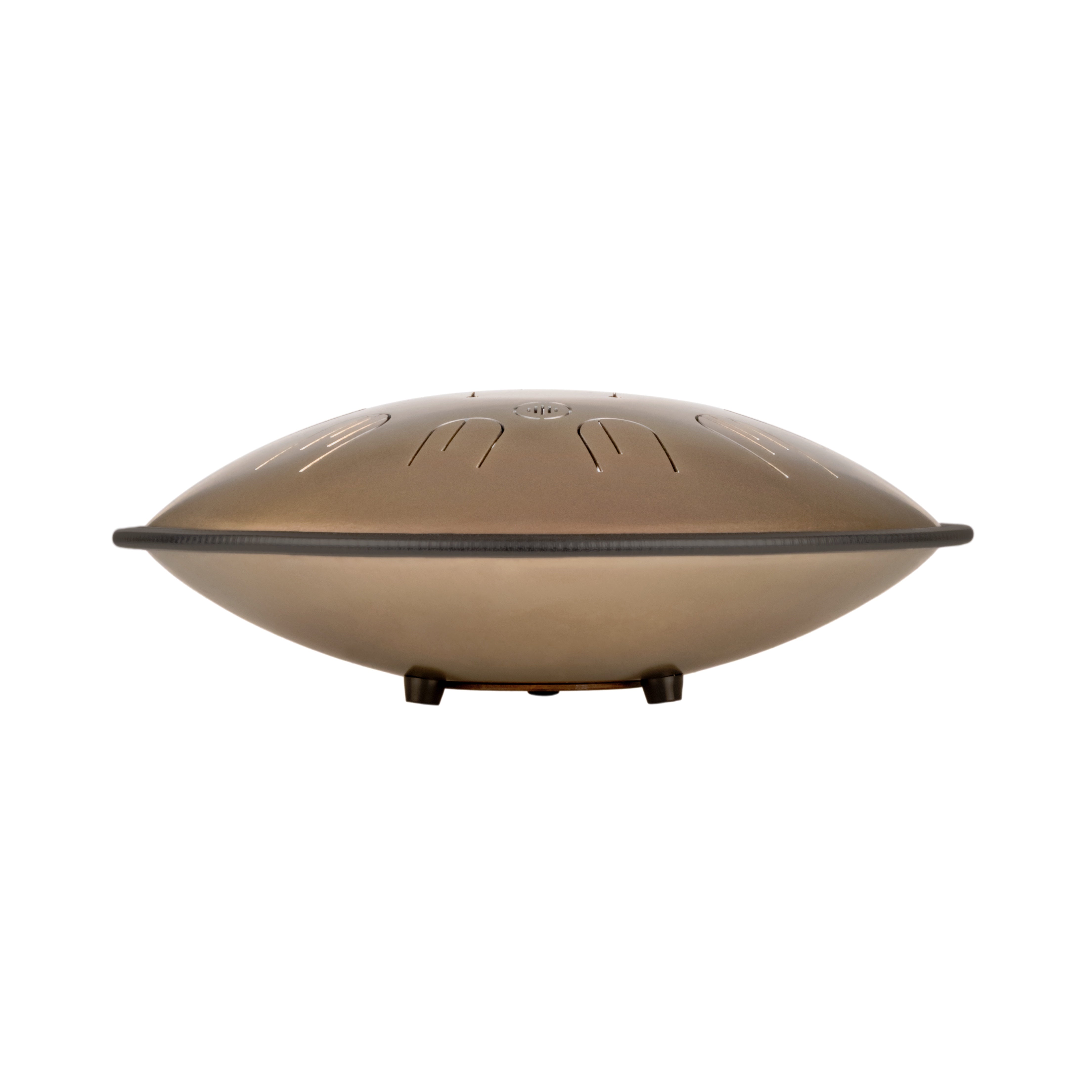 Side view of Novadrum 38 steel tongue drum in stainless steel, featuring a black protective rim and three rubber feet for stability.