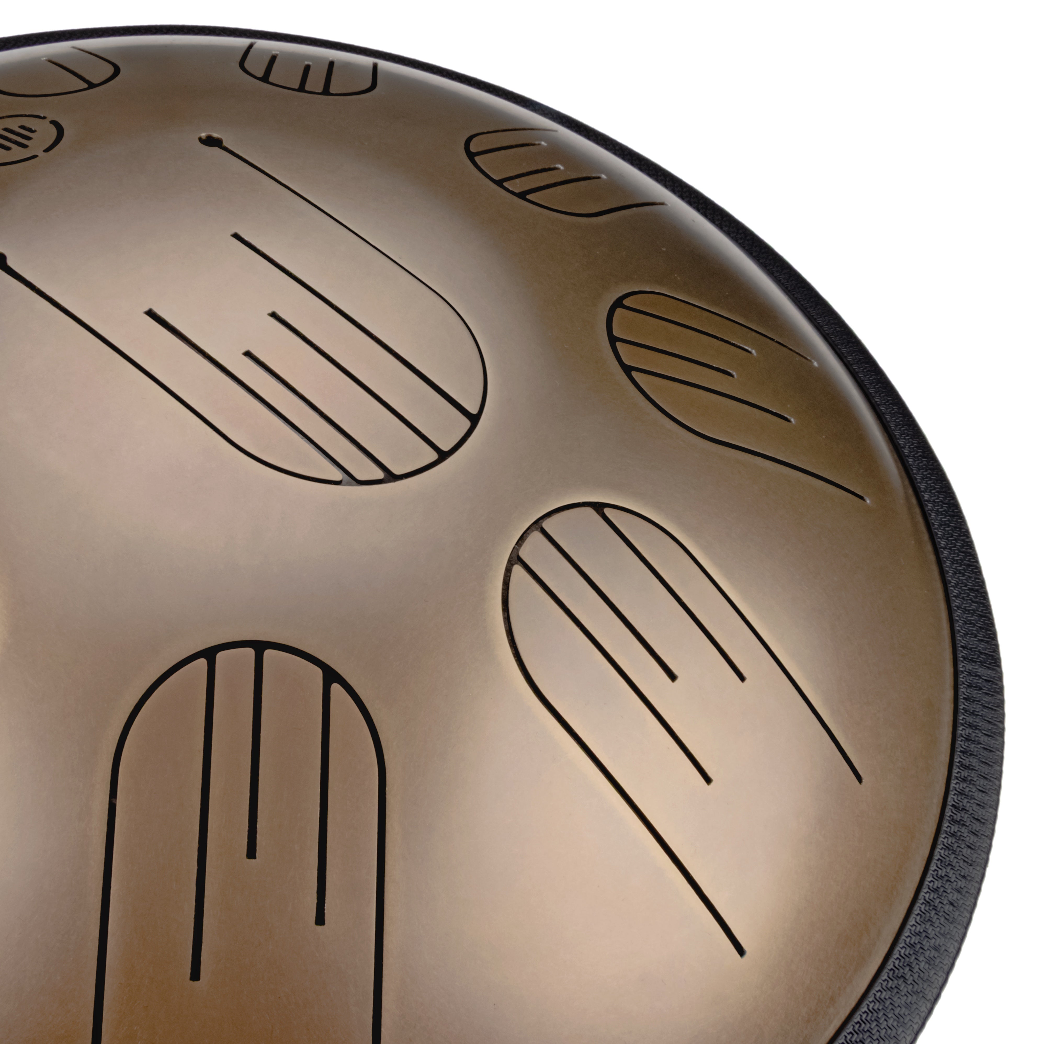 Close-up front view of Novadrum 38 steel tongue drum in stainless steel, highlighting precision-cut tongues and centered logo.