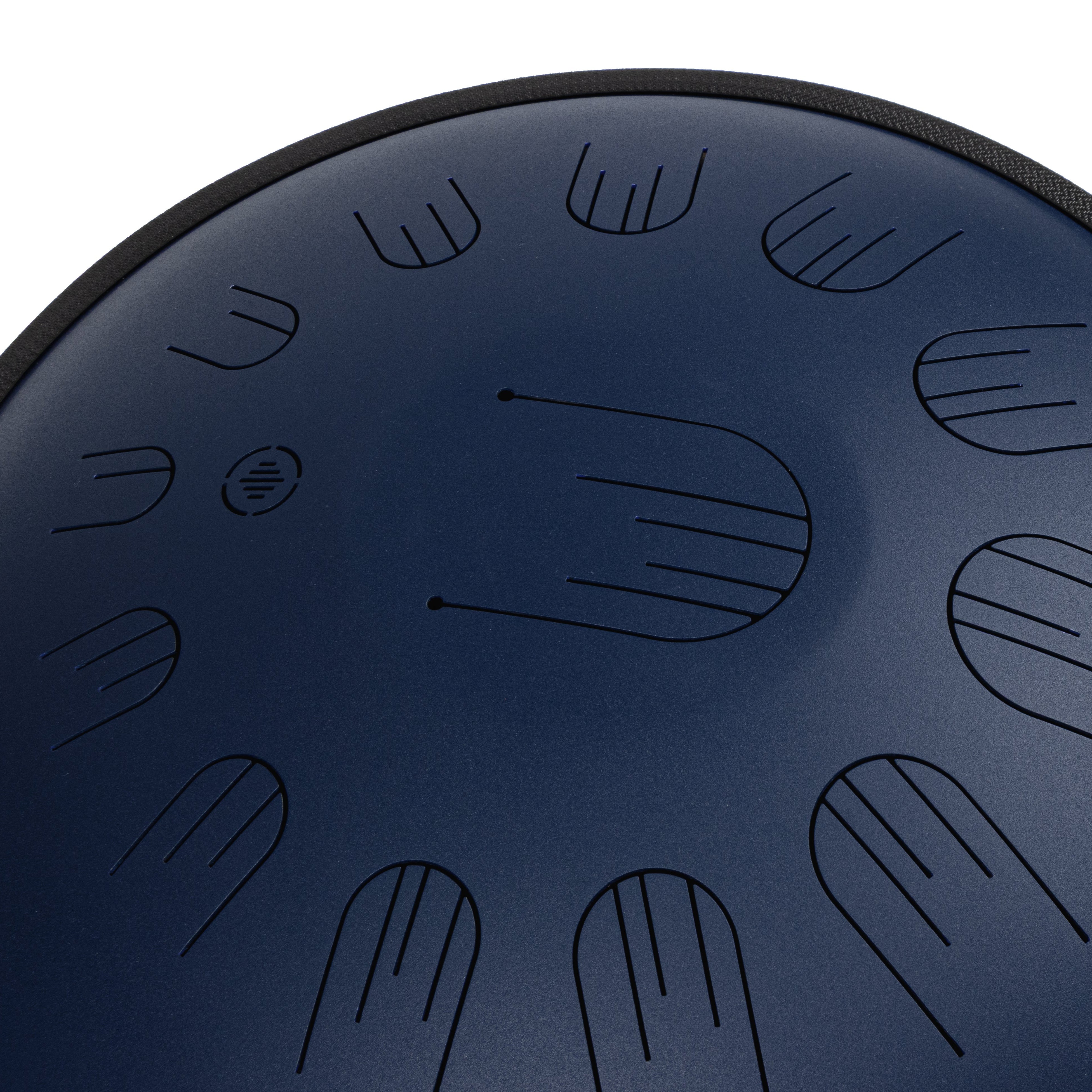 Close-up front view of Novadrum 48 big steel tongue drum in blue matte, highlighting precision-cut tongues and centered logo.