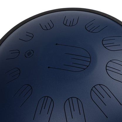 Close-up front view of Novadrum 48 big steel tongue drum in blue matte, highlighting precision-cut tongues and centered logo.