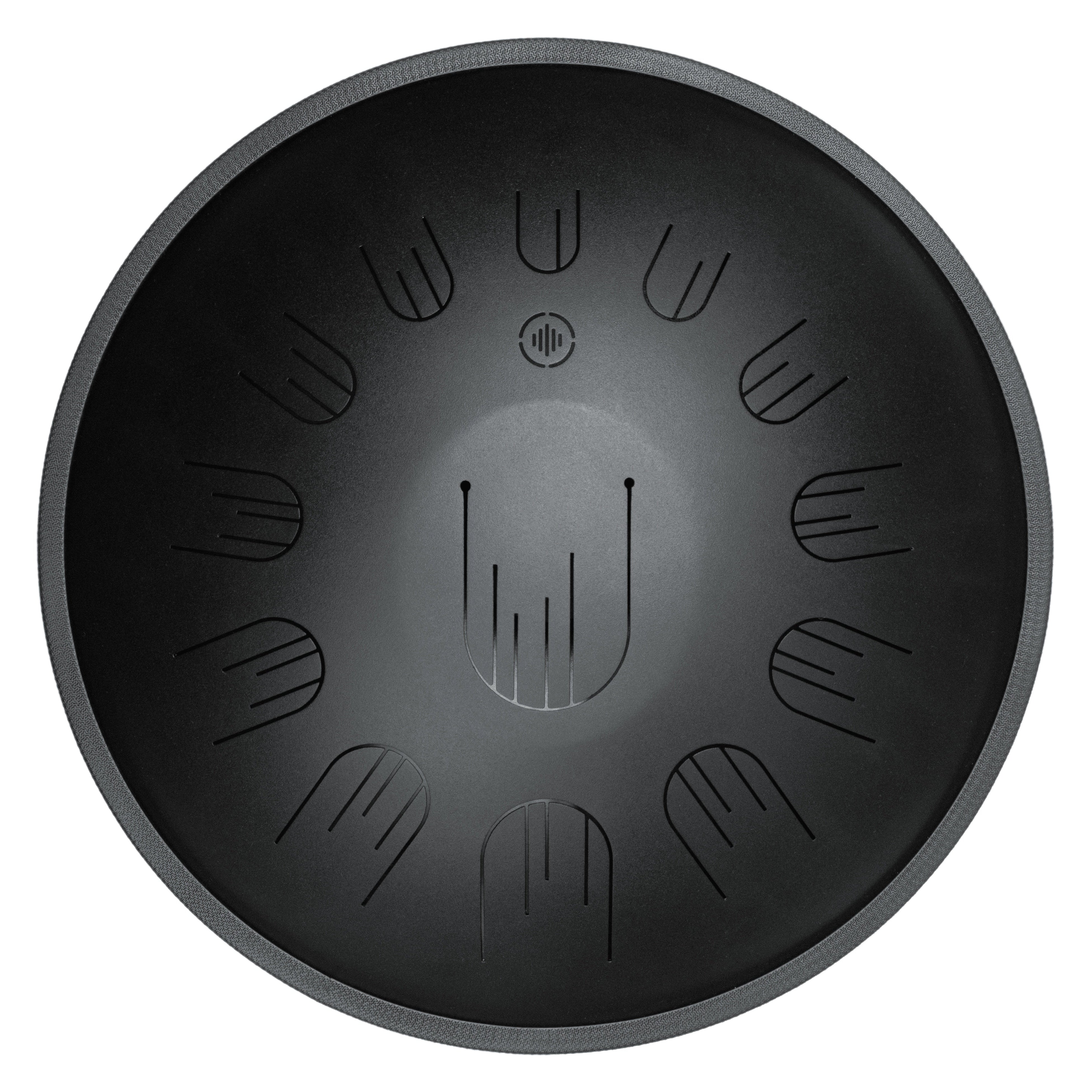 Front view of Novadrum 48 big steel tongue drum in black matte, with precision-cut tongues arranged symmetrically around a central logo.