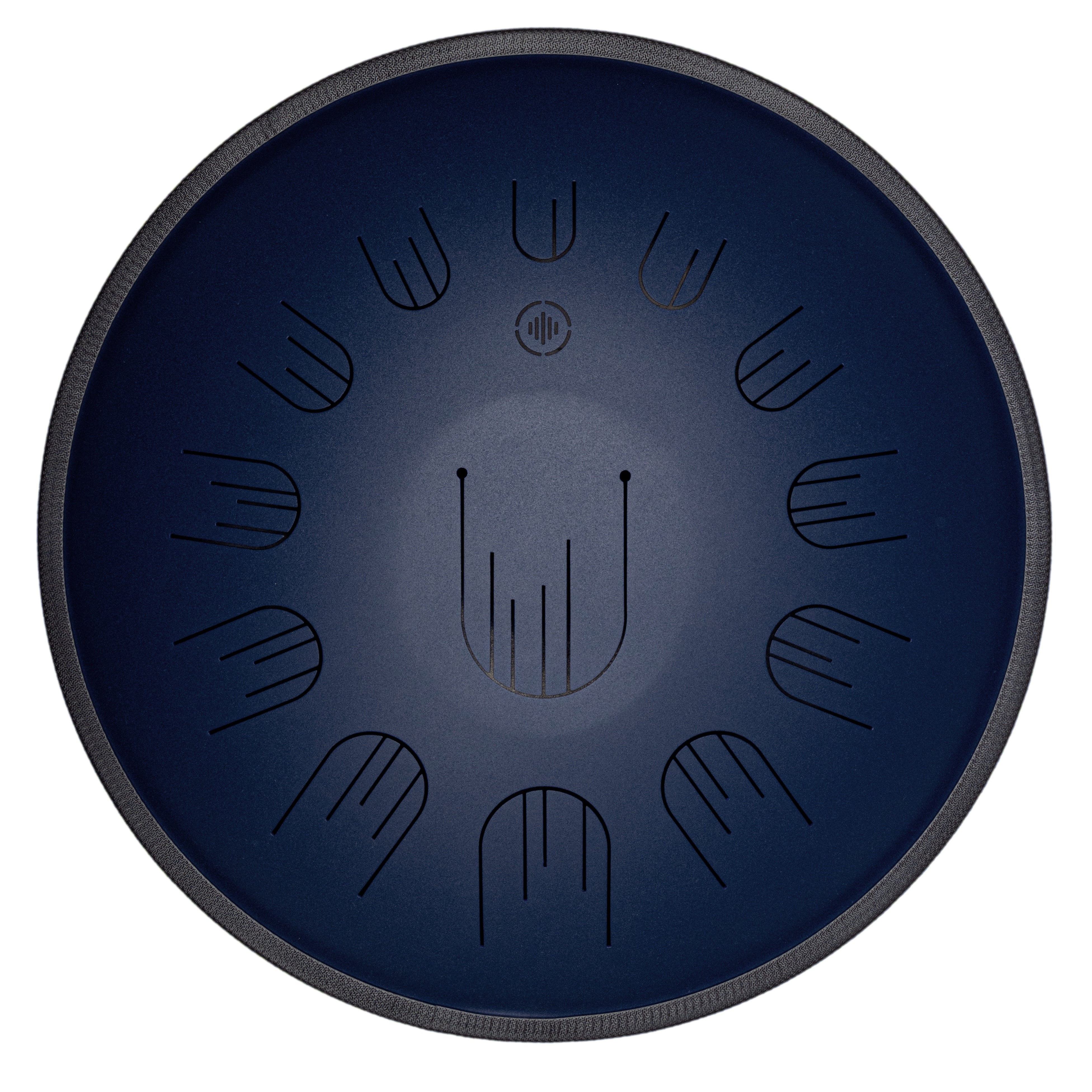 Front view of Novadrum 48 big steel tongue drum in blue matte, with precision-cut tongues arranged symmetrically around a central logo.