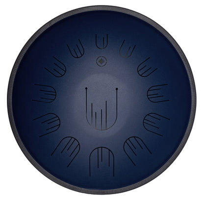 Front view of Novadrum 48 big steel tongue drum in blue matte, with precision-cut tongues arranged symmetrically around a central logo.