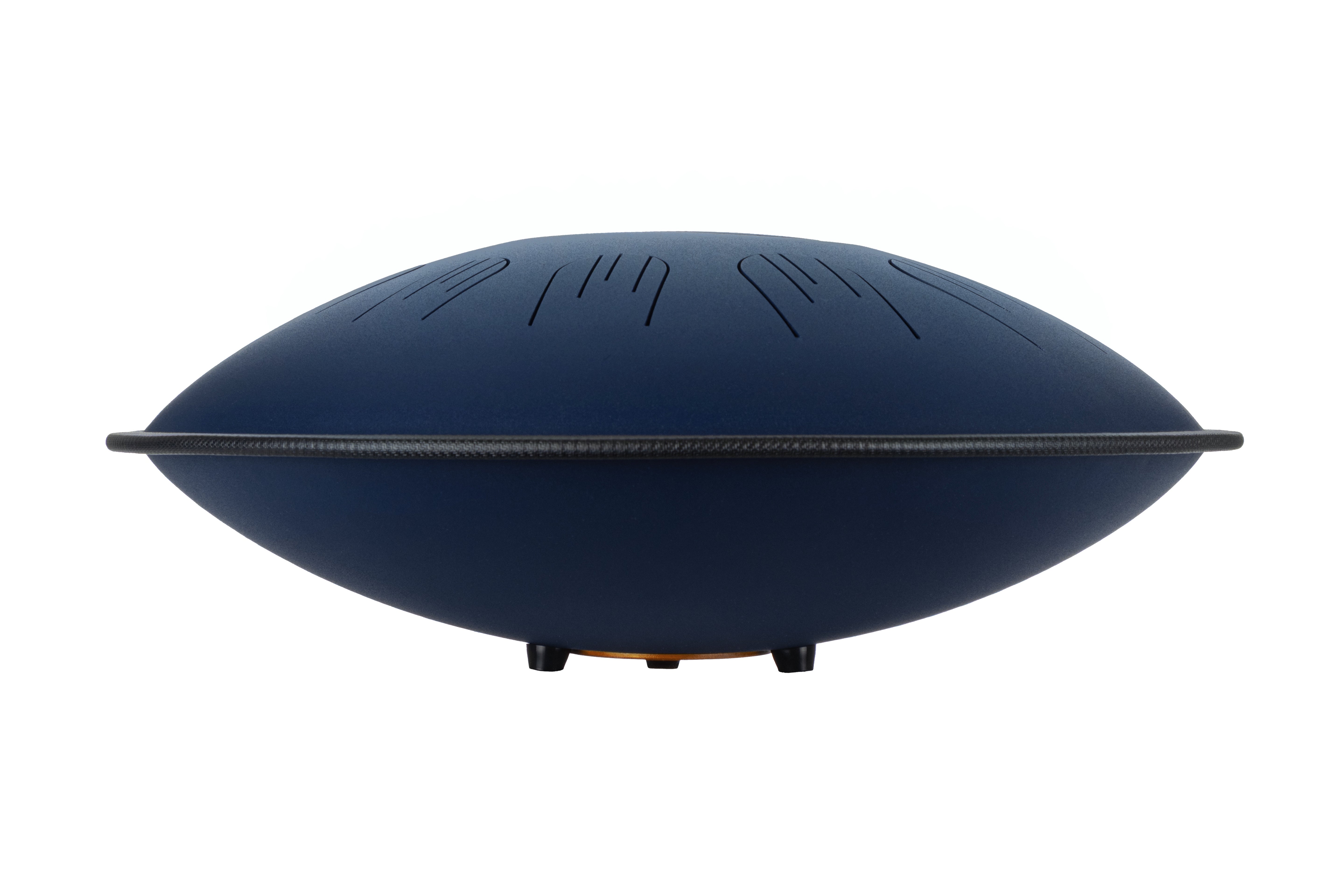 Side view of Novadrum 48 big steel tongue drum in blue matte, featuring a black protective rim and three rubber feet for stability.