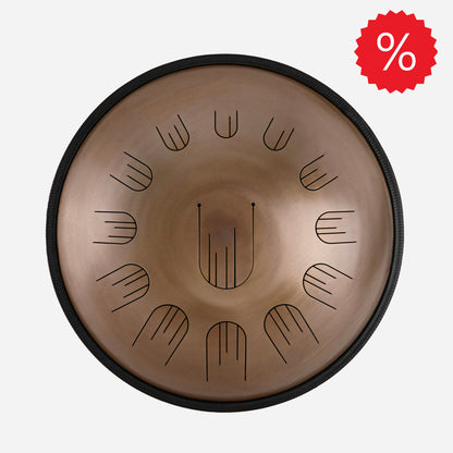 Front view of Novadrum 48 big steel tongue drum in stainless steel, with precision-cut tongues arranged symmetrically around a central logo, with discount icon