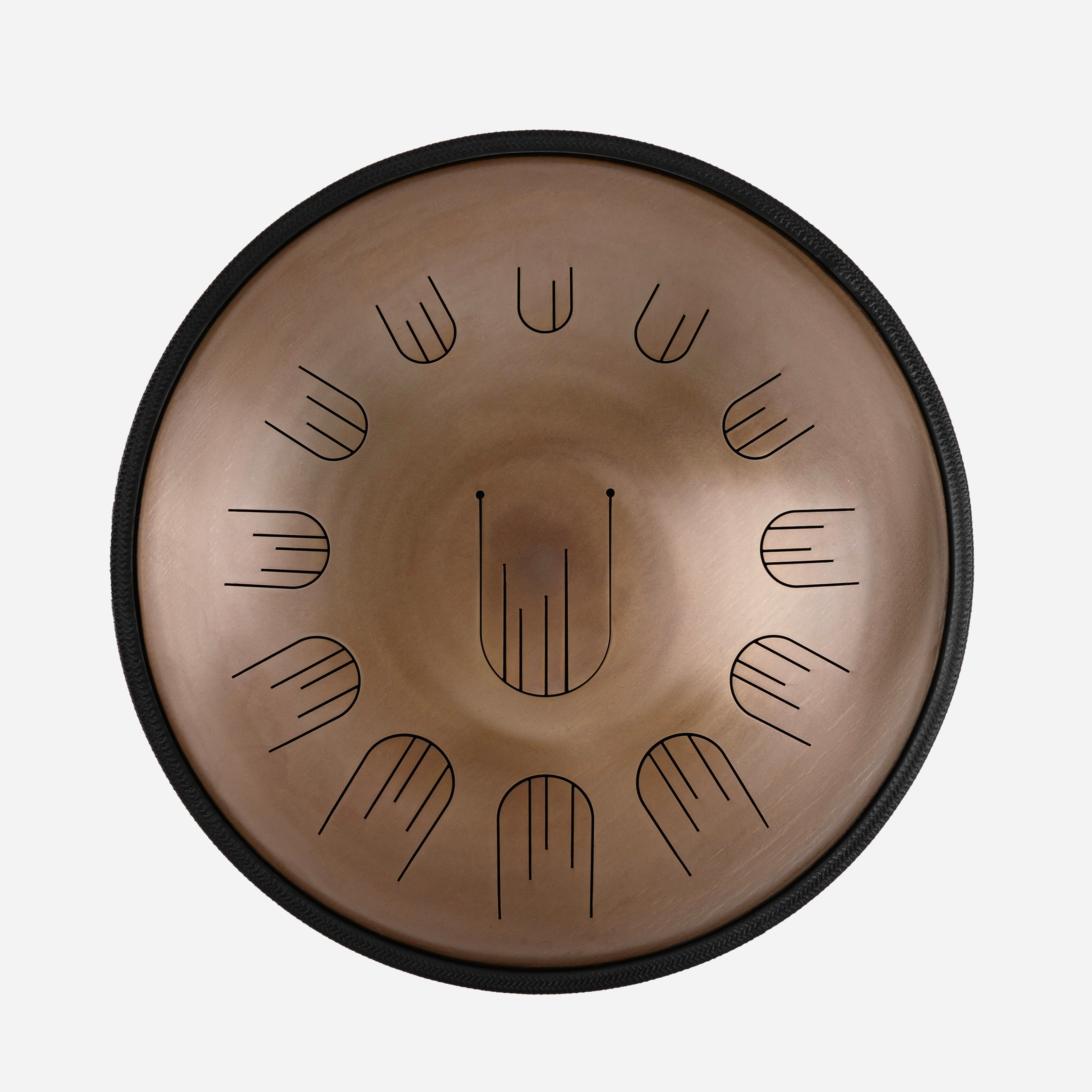 Front view of Novadrum 48 big steel tongue drum in stainless steel, with precision-cut tongues arranged symmetrically around a central logo.