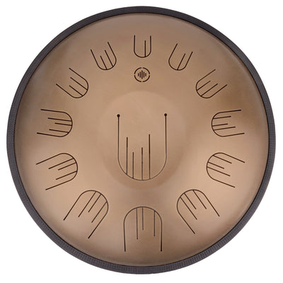 Front view of Novadrum 48 big steel tongue drum in stainless steel, with precision-cut tongues arranged symmetrically around a central logo.
