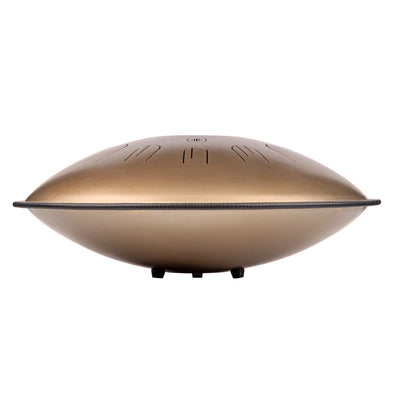 Side view of Novadrum 48 big steel tongue drum in stainless steel, featuring a black protective rim and three rubber feet for stability.