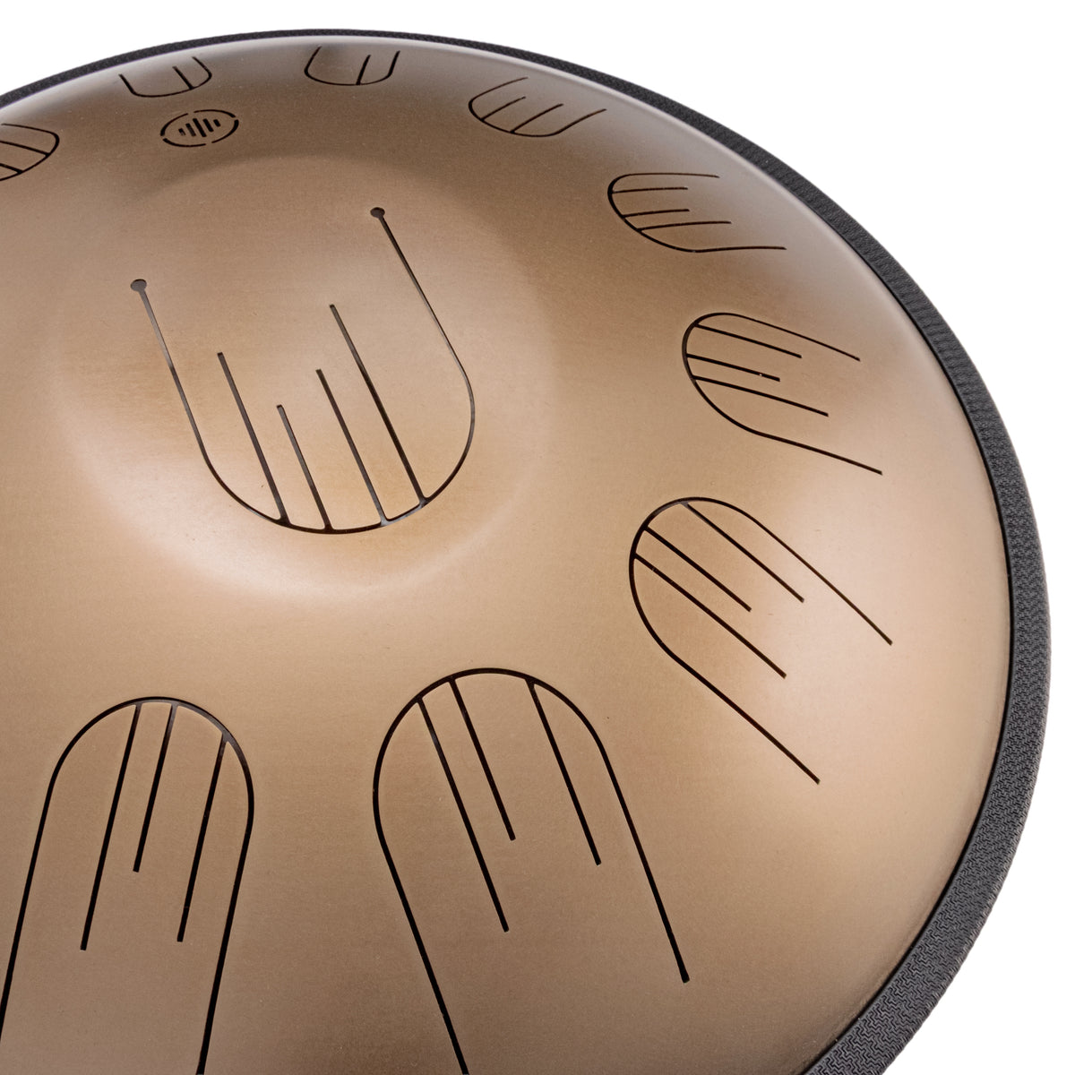 Close-up front view of Novadrum 48 big steel tongue drum in stainless steel, highlighting precision-cut tongues and centered logo.