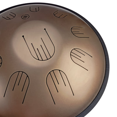Close-up front view of Novadrum 48 big steel tongue drum in stainless steel, highlighting precision-cut tongues and centered logo.